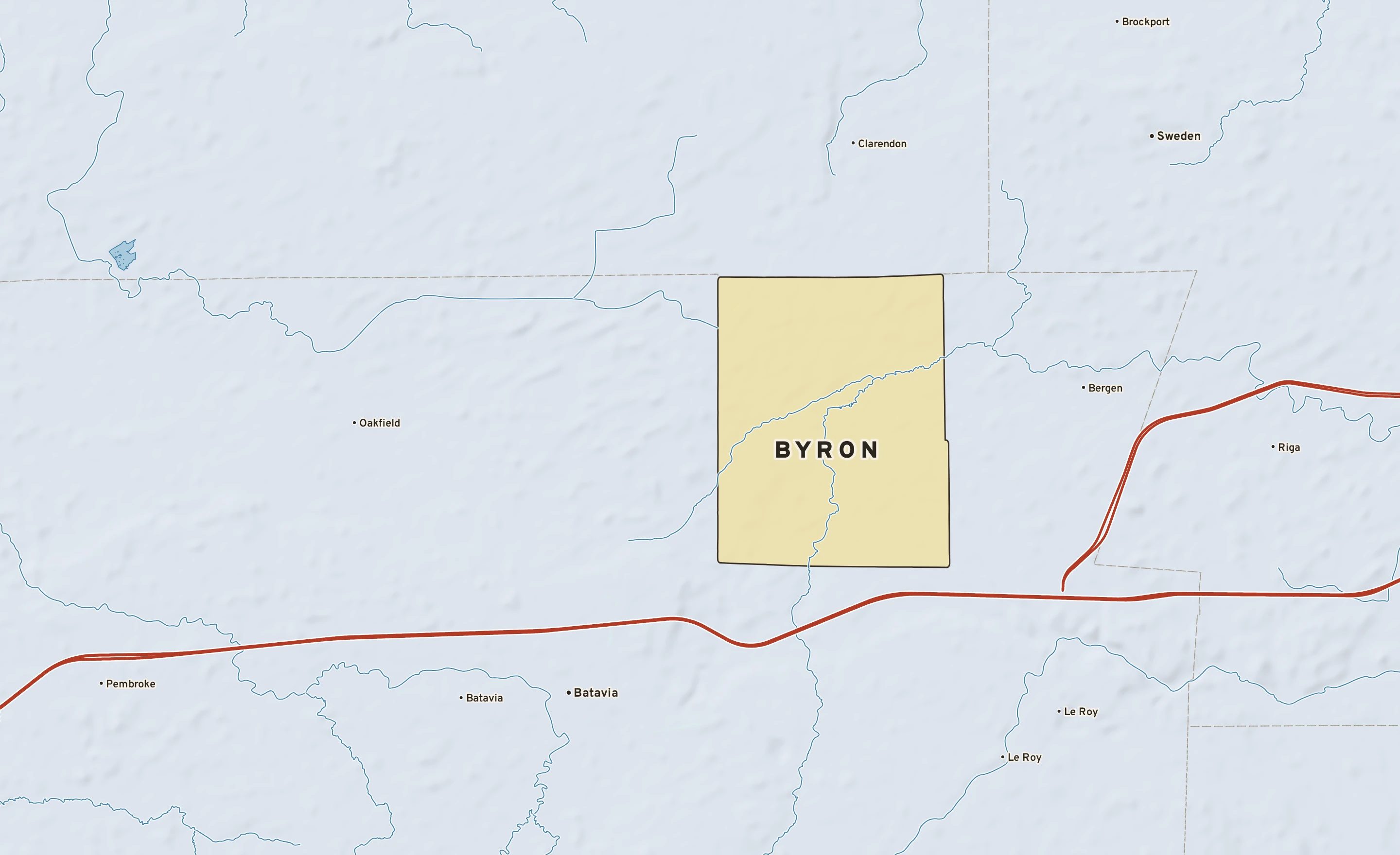 Shaded-relief atlas plate of Byron, New York: rivers, roads, the city limits and where the water drains.