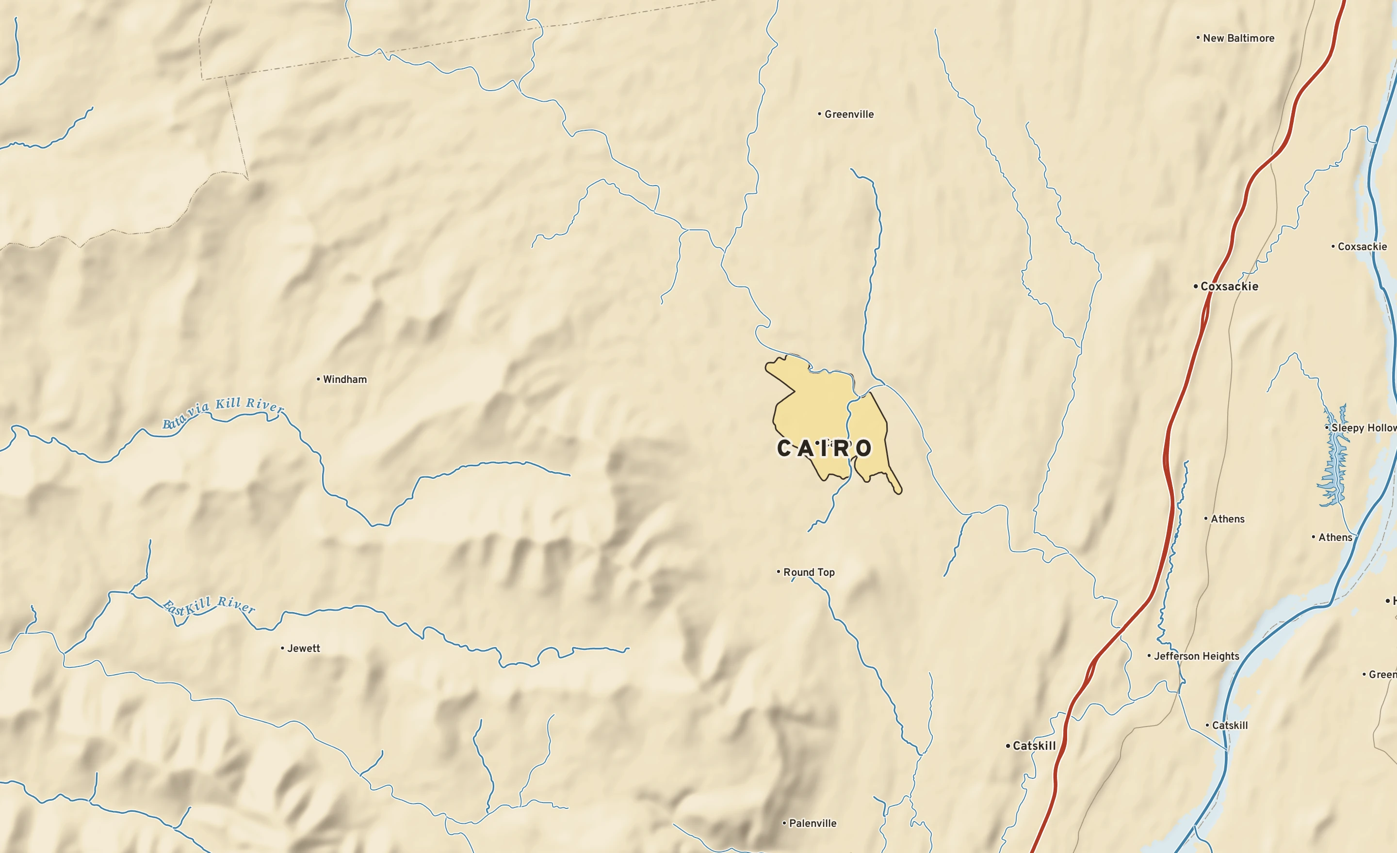 Shaded-relief atlas plate of Cairo, New York: rivers, roads, the city limits and where the water drains.
