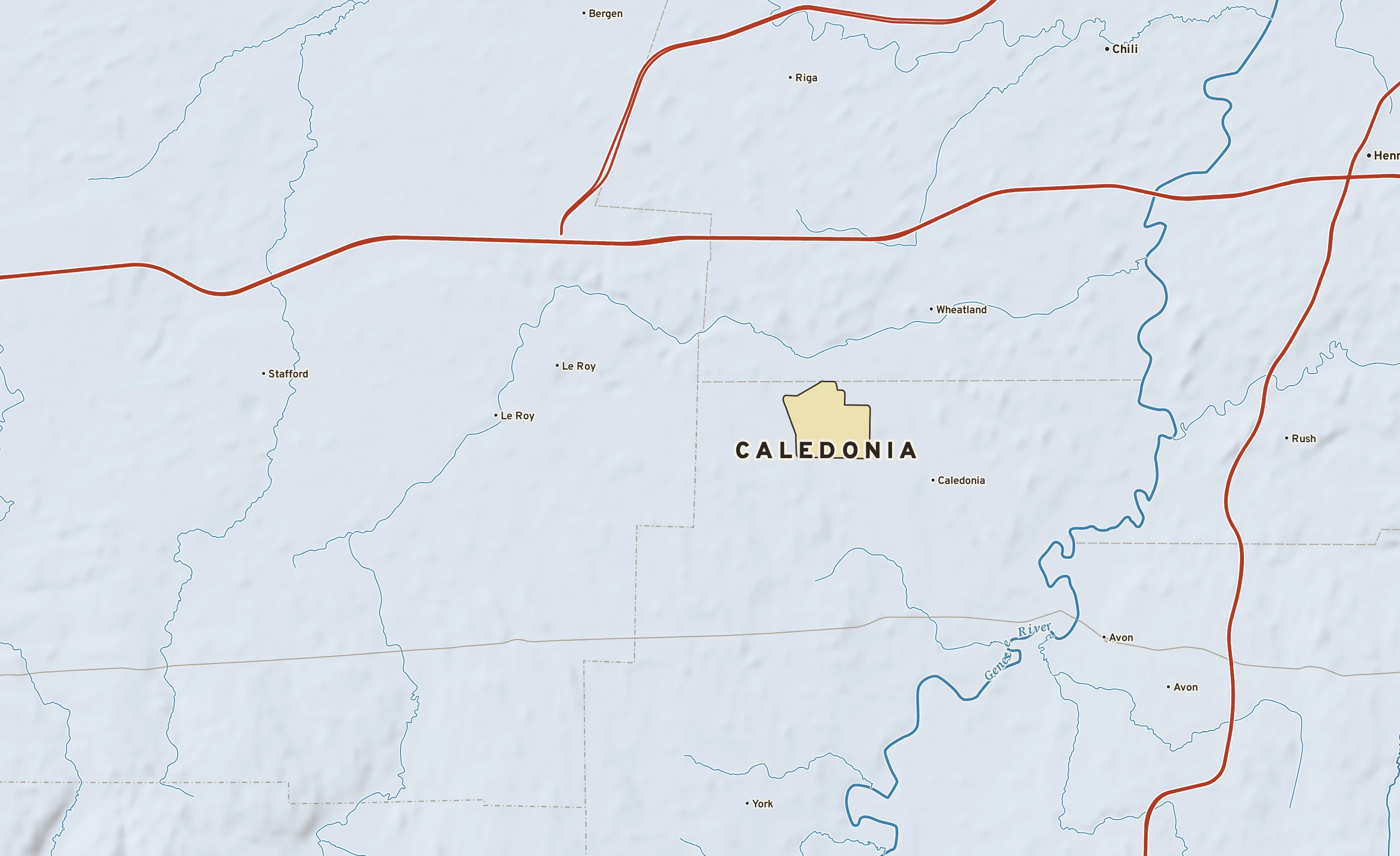 Shaded-relief atlas plate of Caledonia, New York: rivers, roads, the city limits and where the water drains.