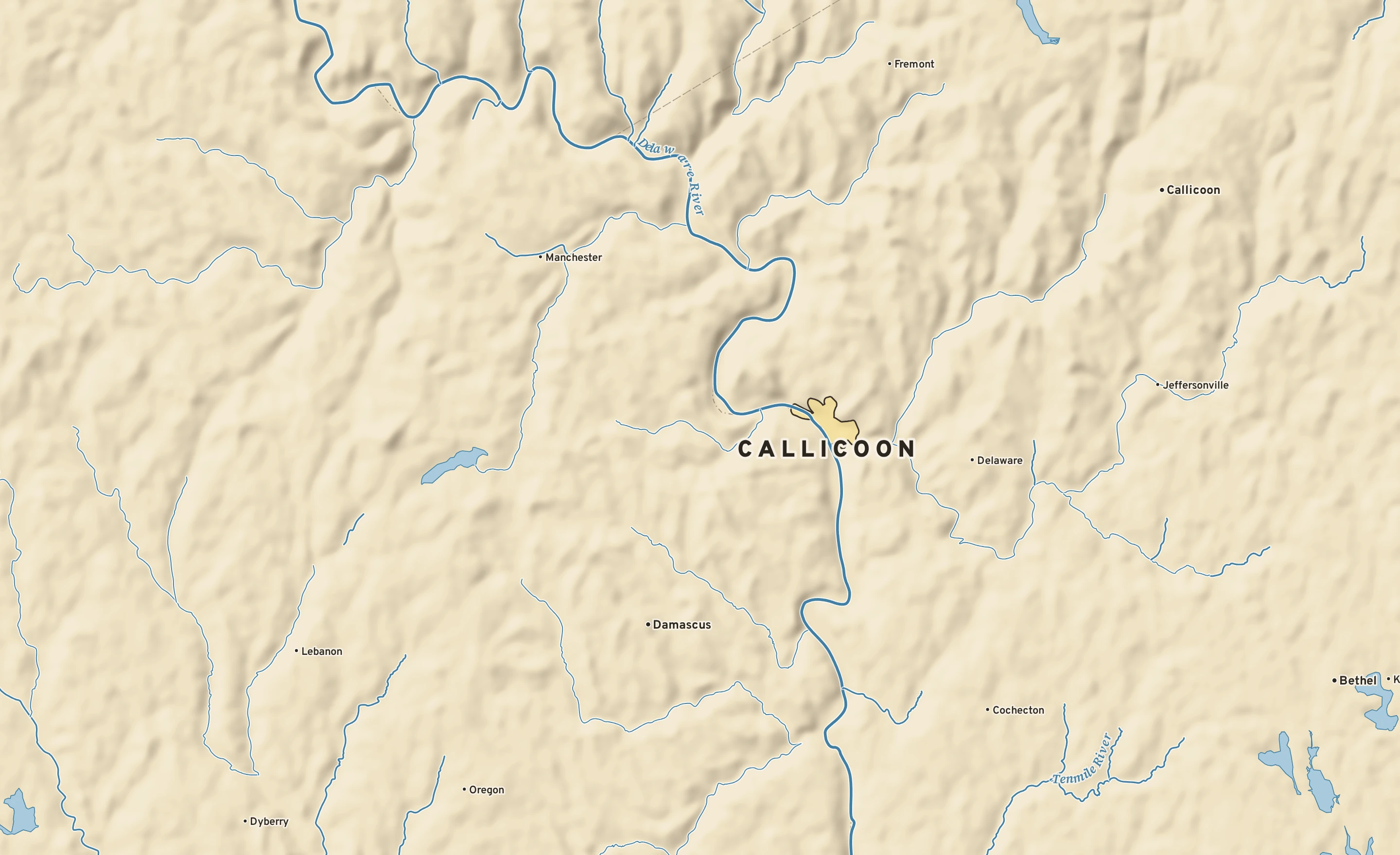 Shaded-relief atlas plate of Callicoon, New York: rivers, roads, the city limits and where the water drains.