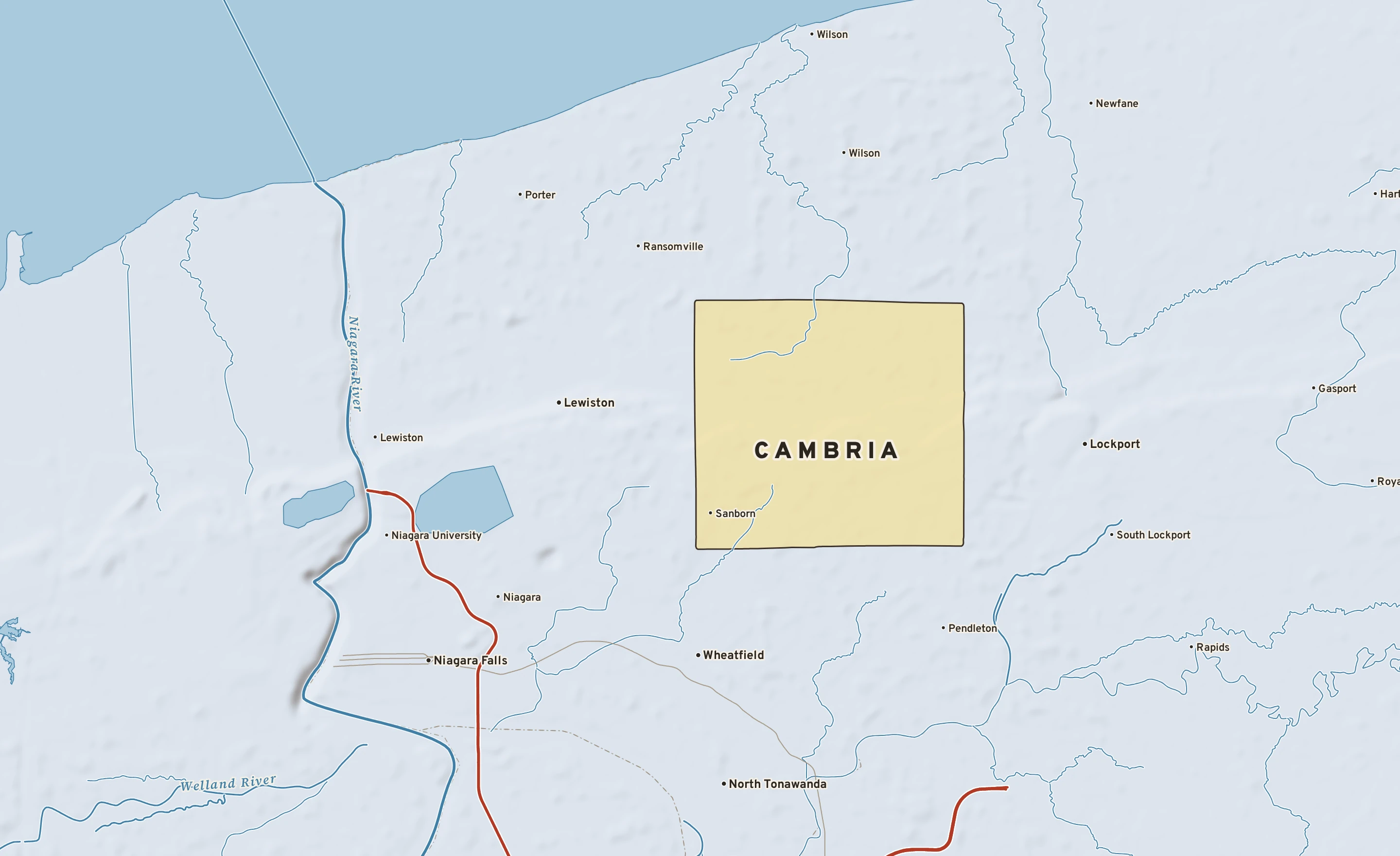 Shaded-relief atlas plate of Cambria, New York: rivers, roads, the city limits and where the water drains.