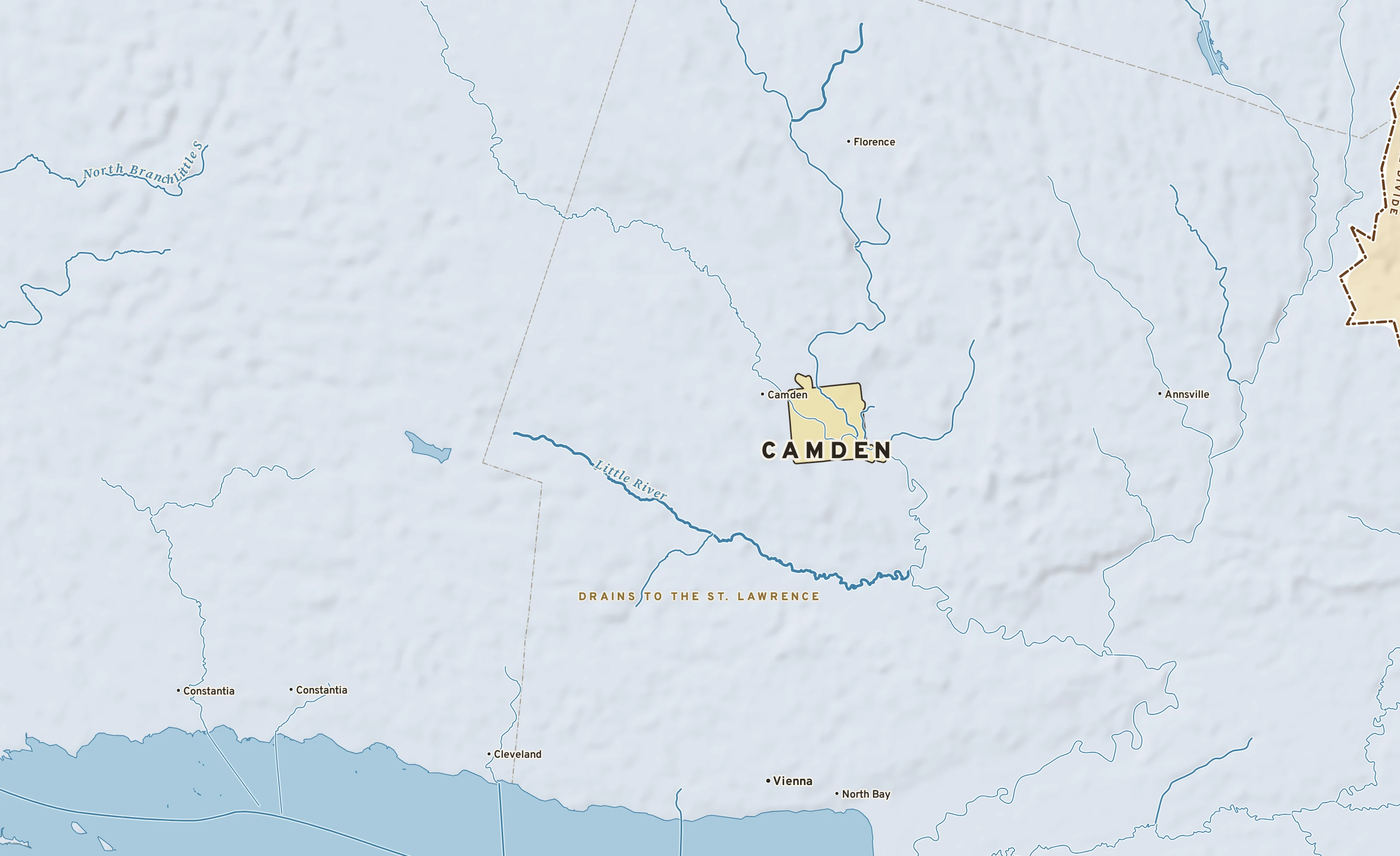 Shaded-relief atlas plate of Camden, New York: rivers, roads, the city limits and where the water drains.