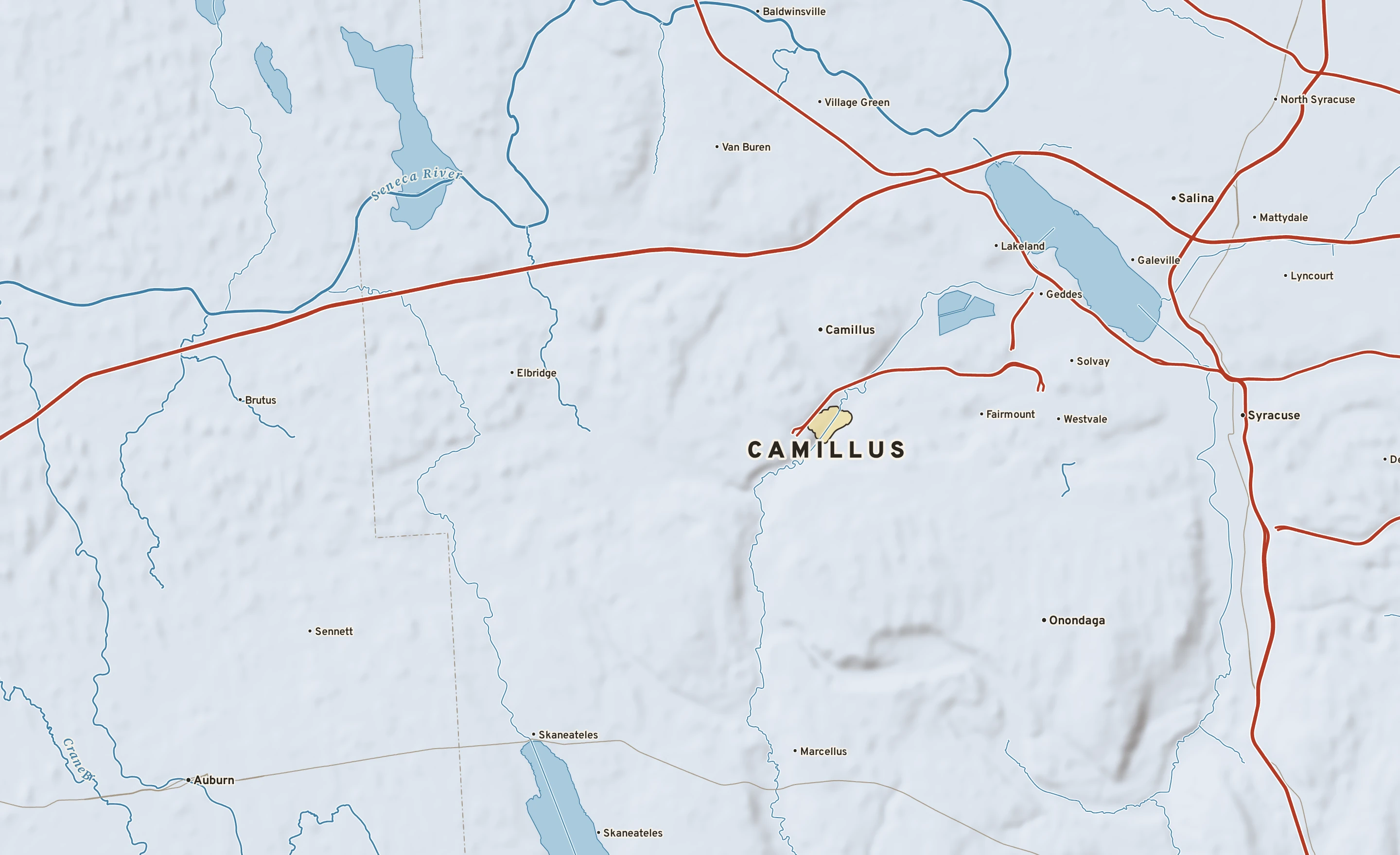 Shaded-relief atlas plate of Camillus, New York: rivers, roads, the city limits and where the water drains.