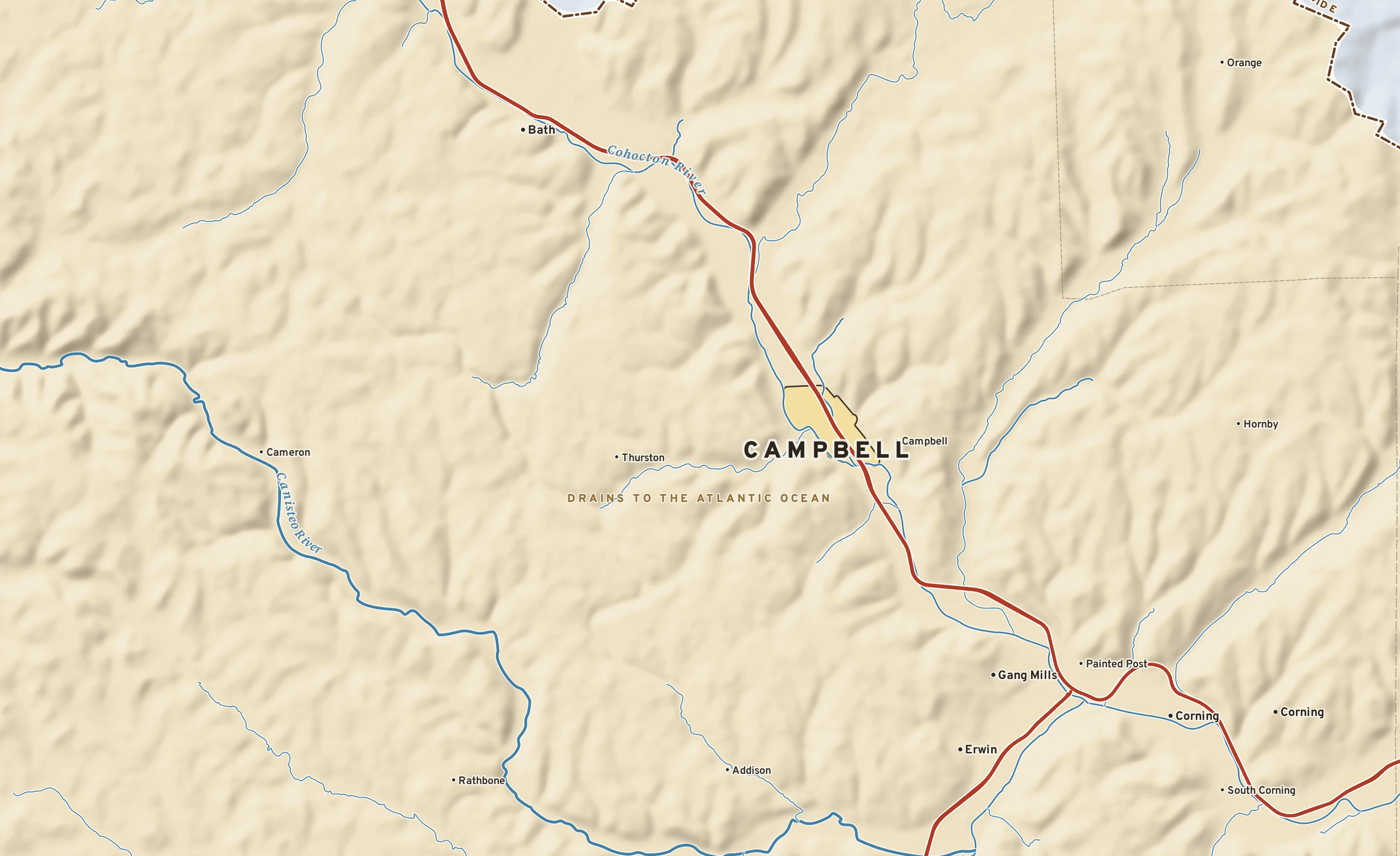 Shaded-relief atlas plate of Campbell, New York: rivers, roads, the city limits and where the water drains.