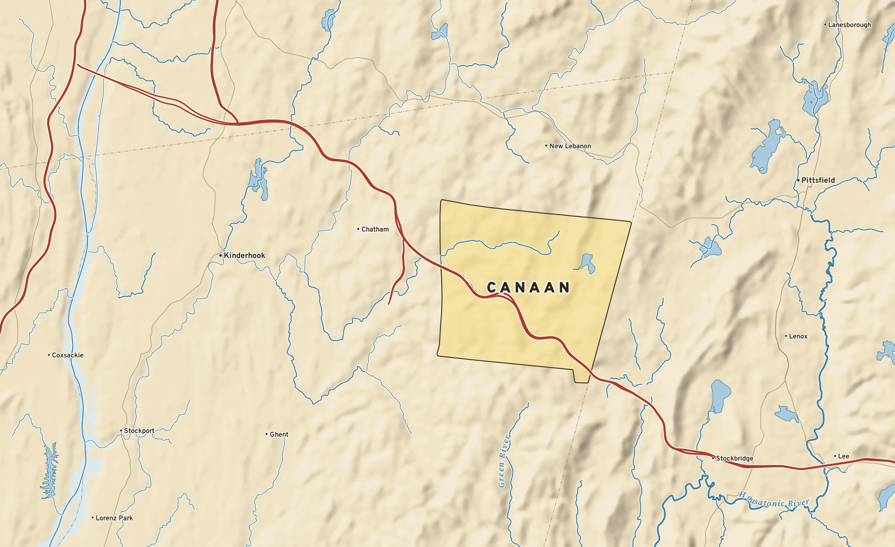 Shaded-relief atlas plate of Canaan, New York: rivers, roads, the city limits and where the water drains.