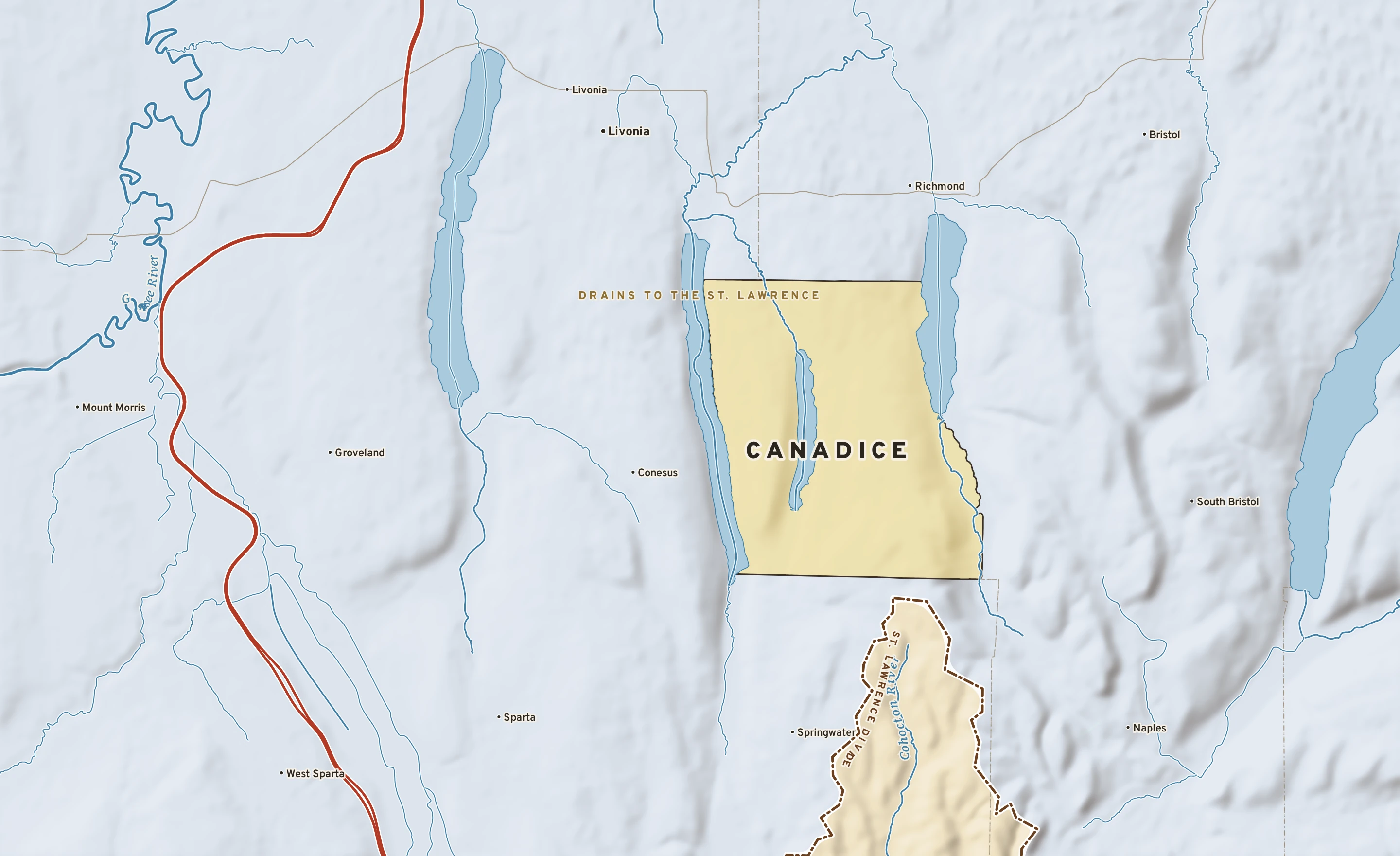 Shaded-relief atlas plate of Canadice, New York: rivers, roads, the city limits and where the water drains.