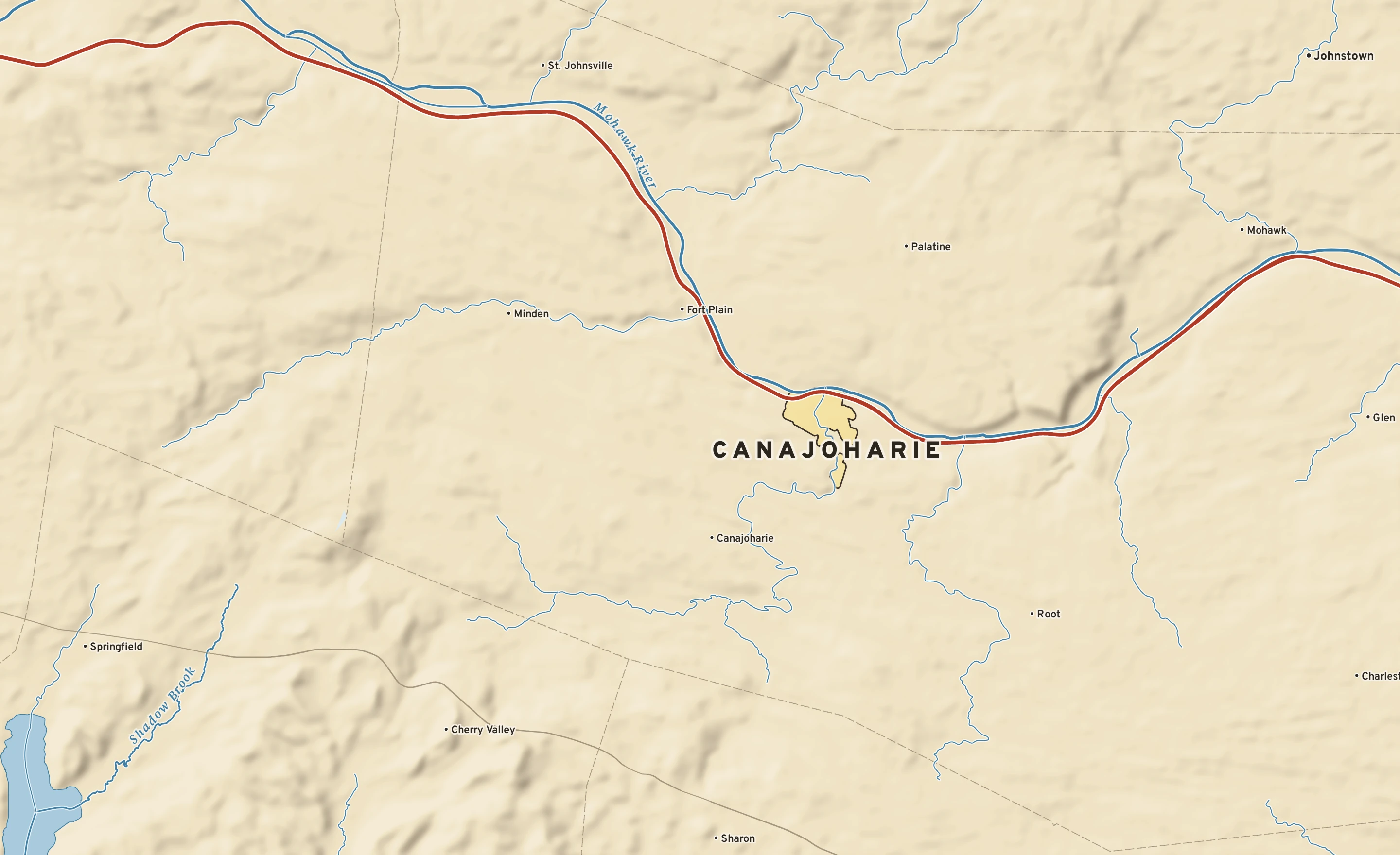 Shaded-relief atlas plate of Canajoharie, New York: rivers, roads, the city limits and where the water drains.