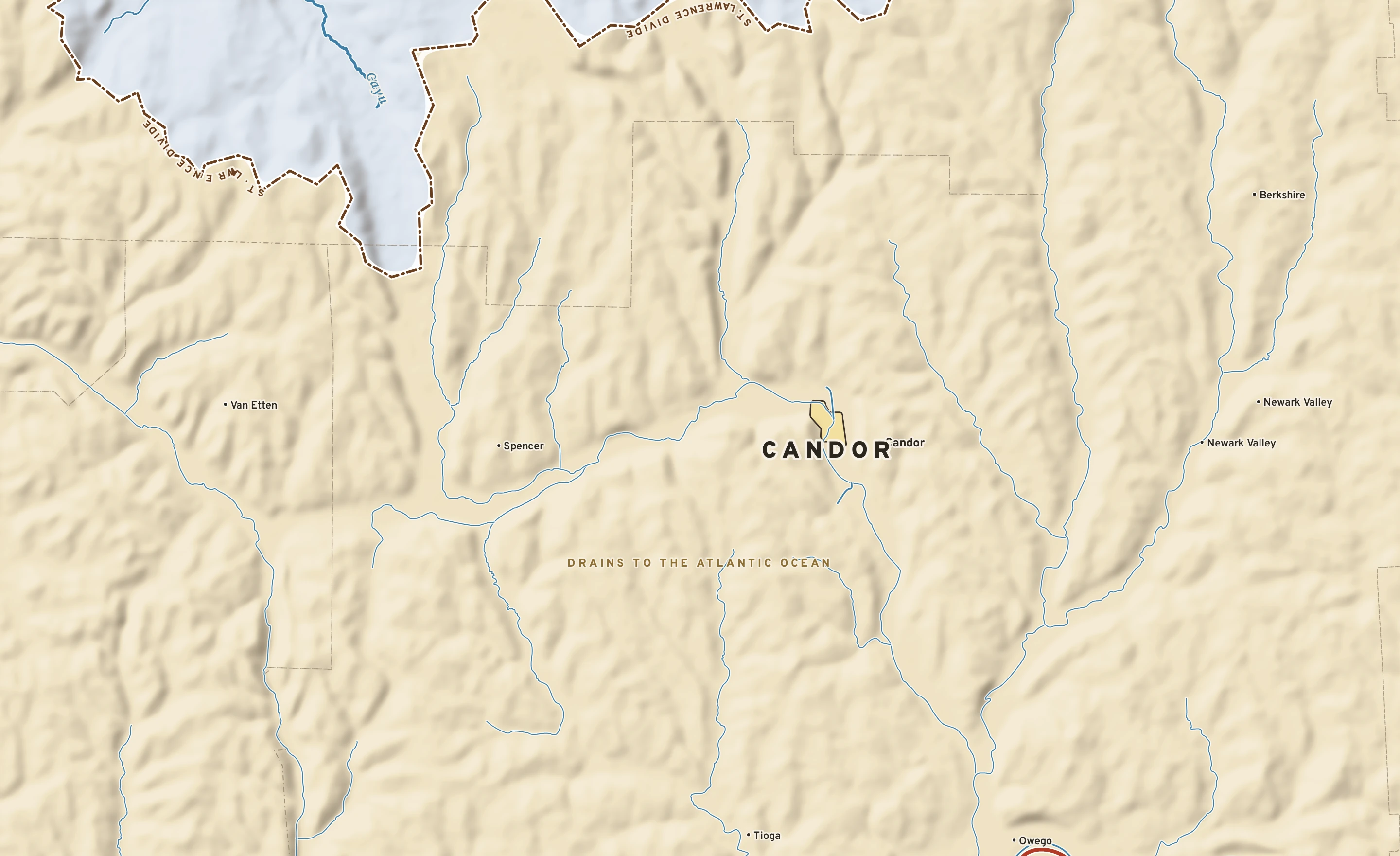 Shaded-relief atlas plate of Candor, New York: rivers, roads, the city limits and where the water drains.