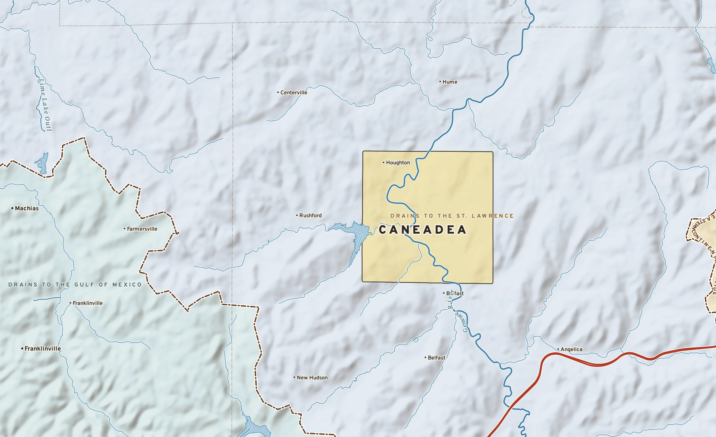 Shaded-relief atlas plate of Caneadea, New York: rivers, roads, the city limits and where the water drains.