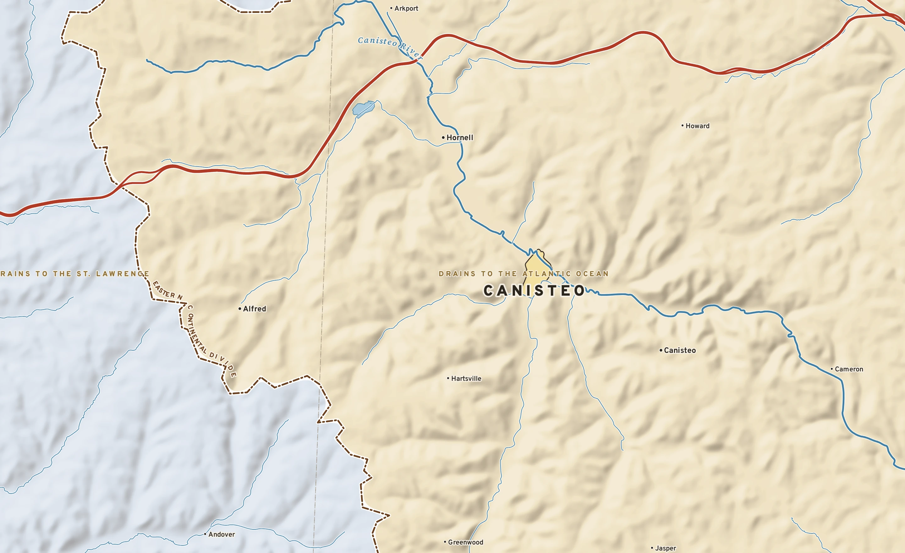 Shaded-relief atlas plate of Canisteo, New York: rivers, roads, the city limits and where the water drains.