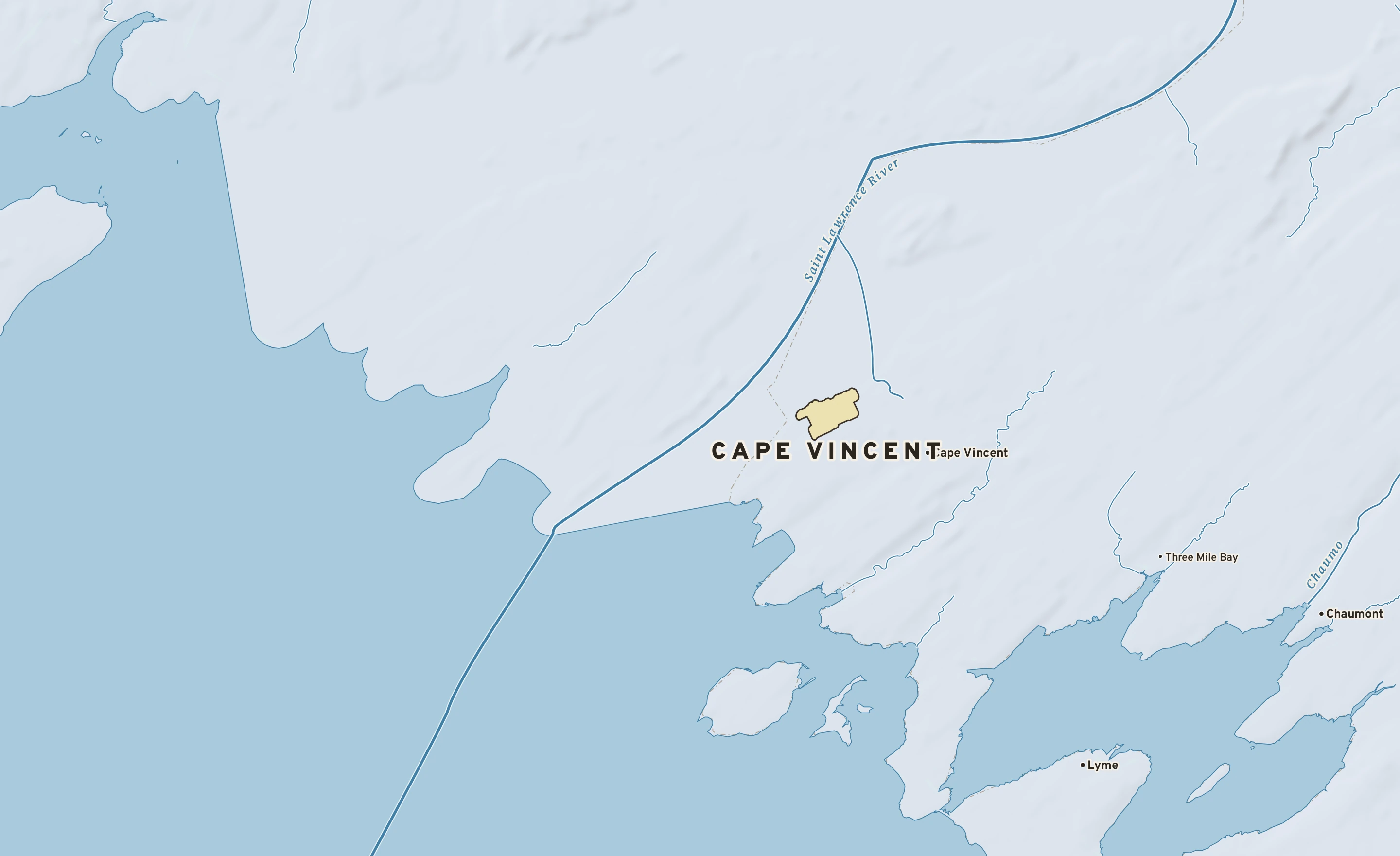 Shaded-relief atlas plate of Cape Vincent, New York: rivers, roads, the city limits and where the water drains.