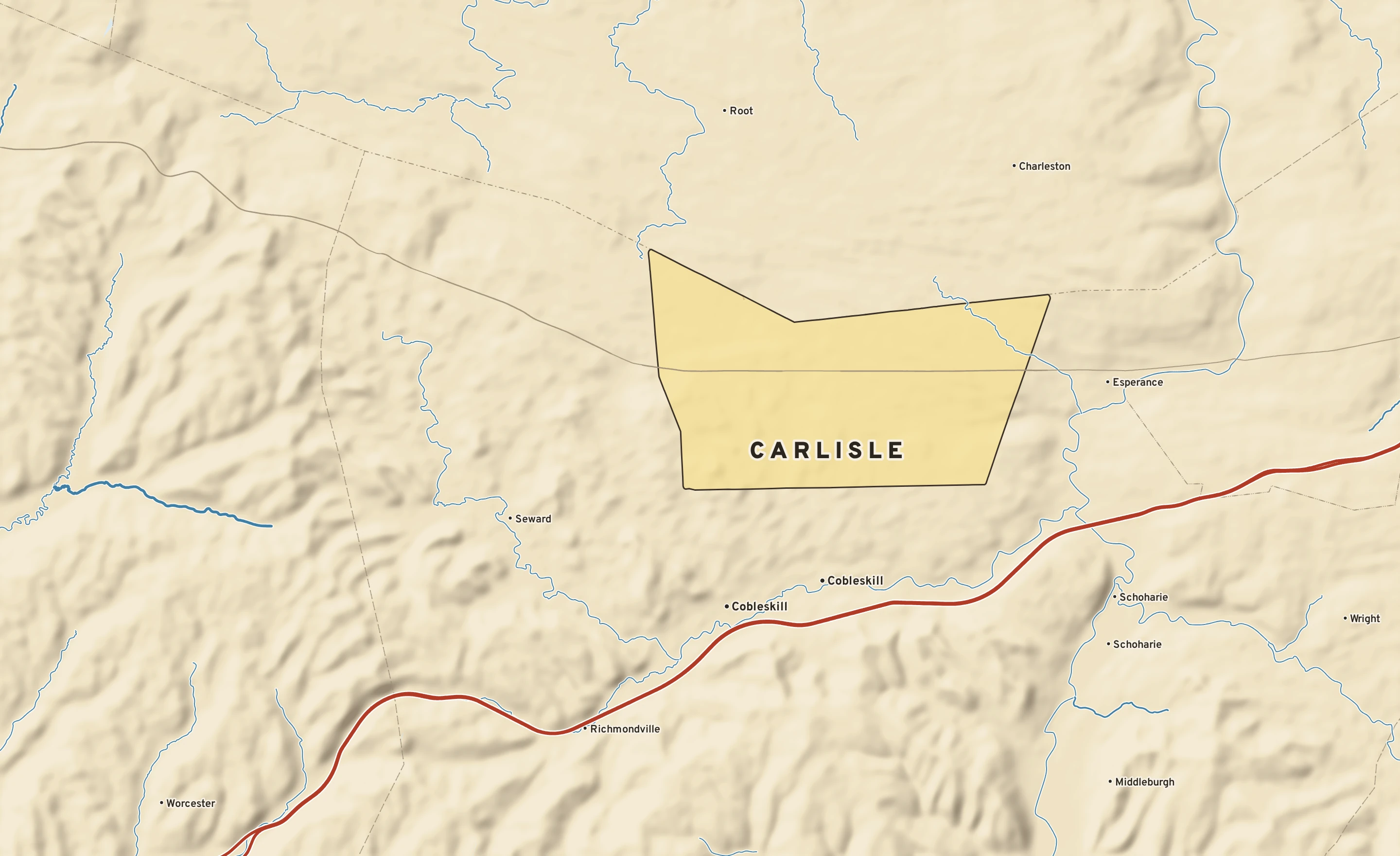 Shaded-relief atlas plate of Carlisle, New York: rivers, roads, the city limits and where the water drains.