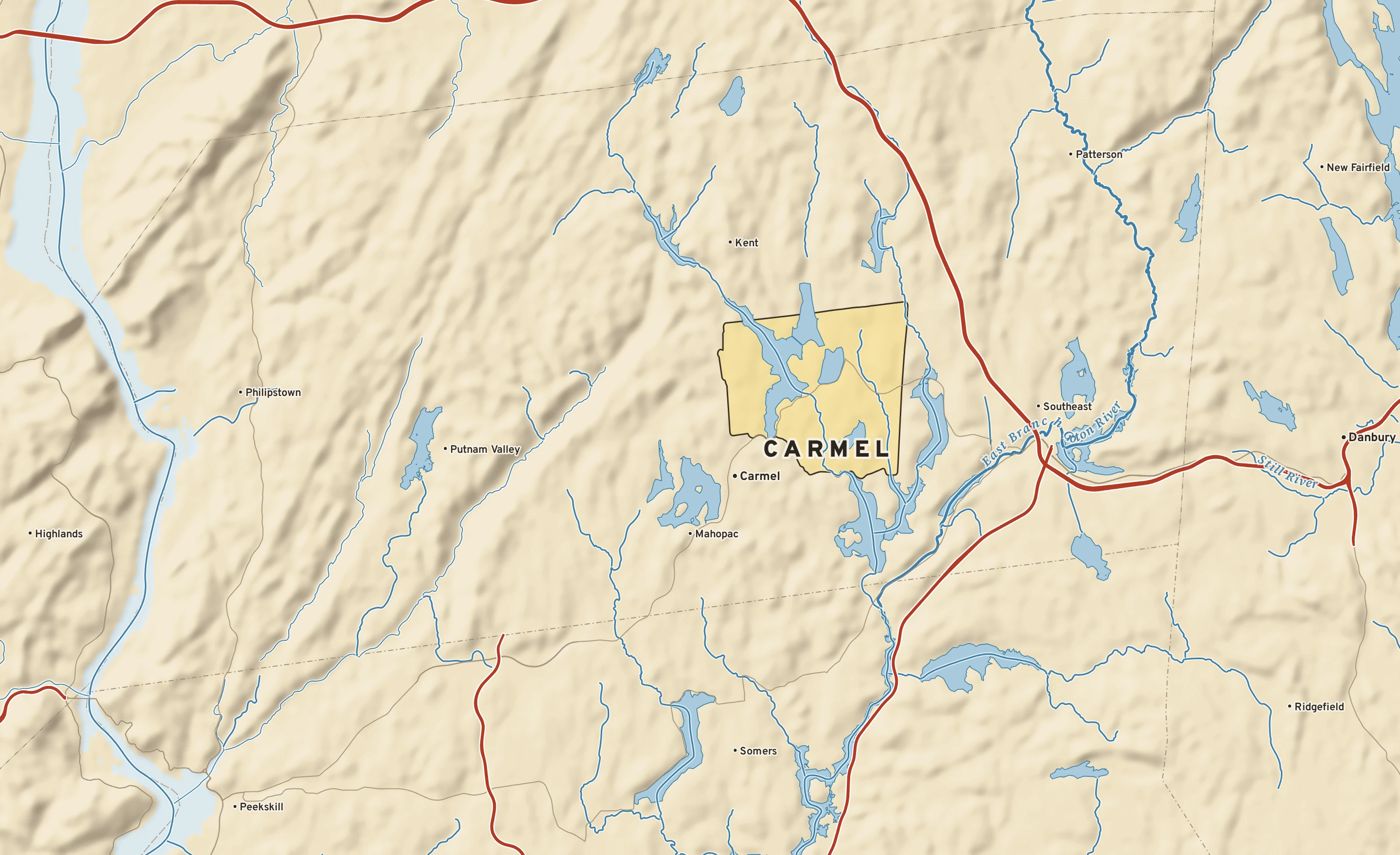 Shaded-relief atlas plate of Carmel, New York: rivers, roads, the city limits and where the water drains.