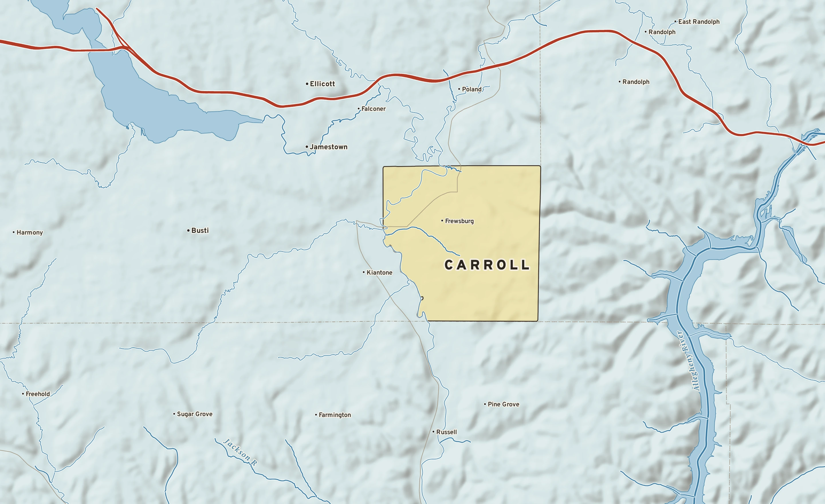 Shaded-relief atlas plate of Carroll, New York: rivers, roads, the city limits and where the water drains.