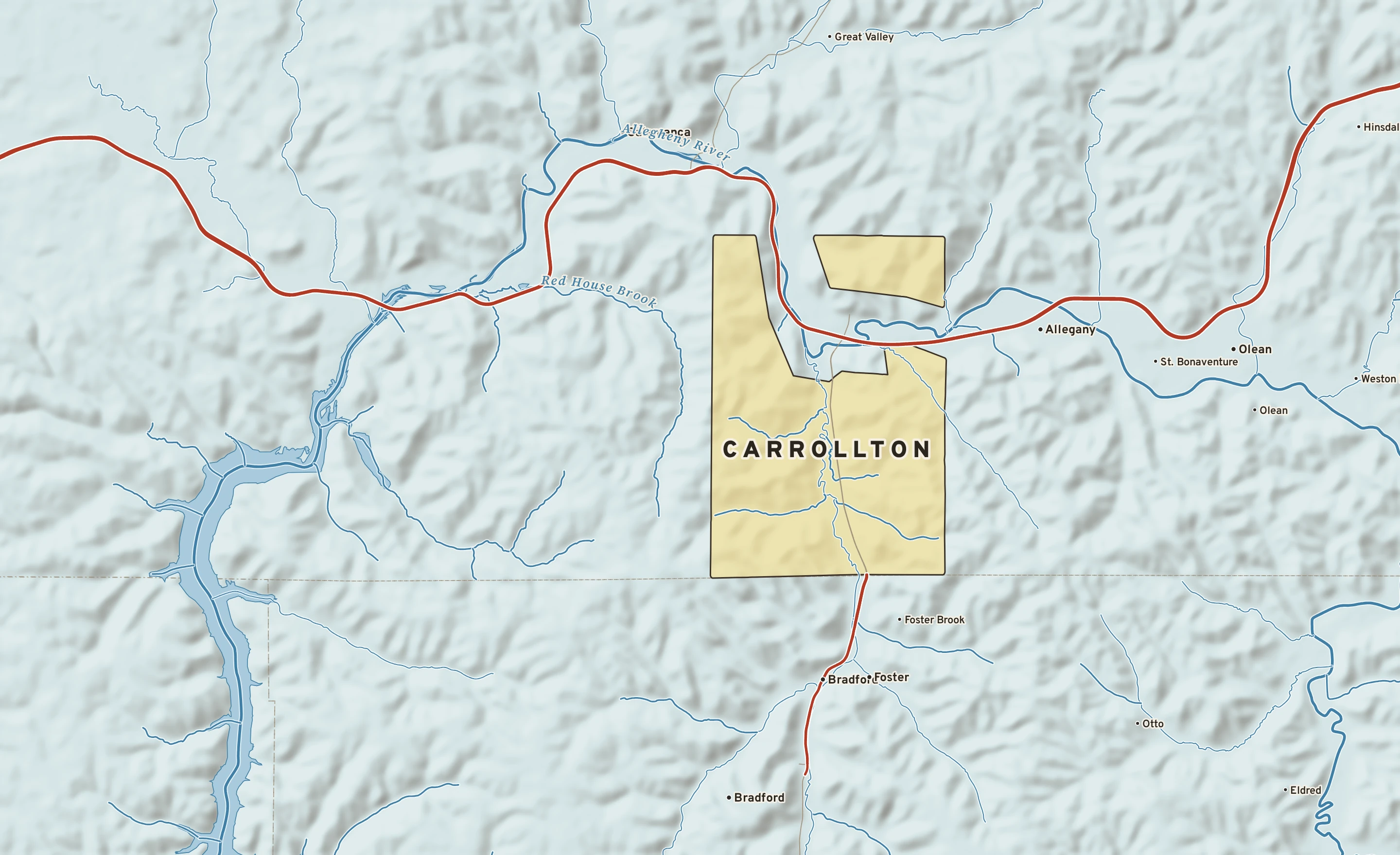 Shaded-relief atlas plate of Carrollton, New York: rivers, roads, the city limits and where the water drains.