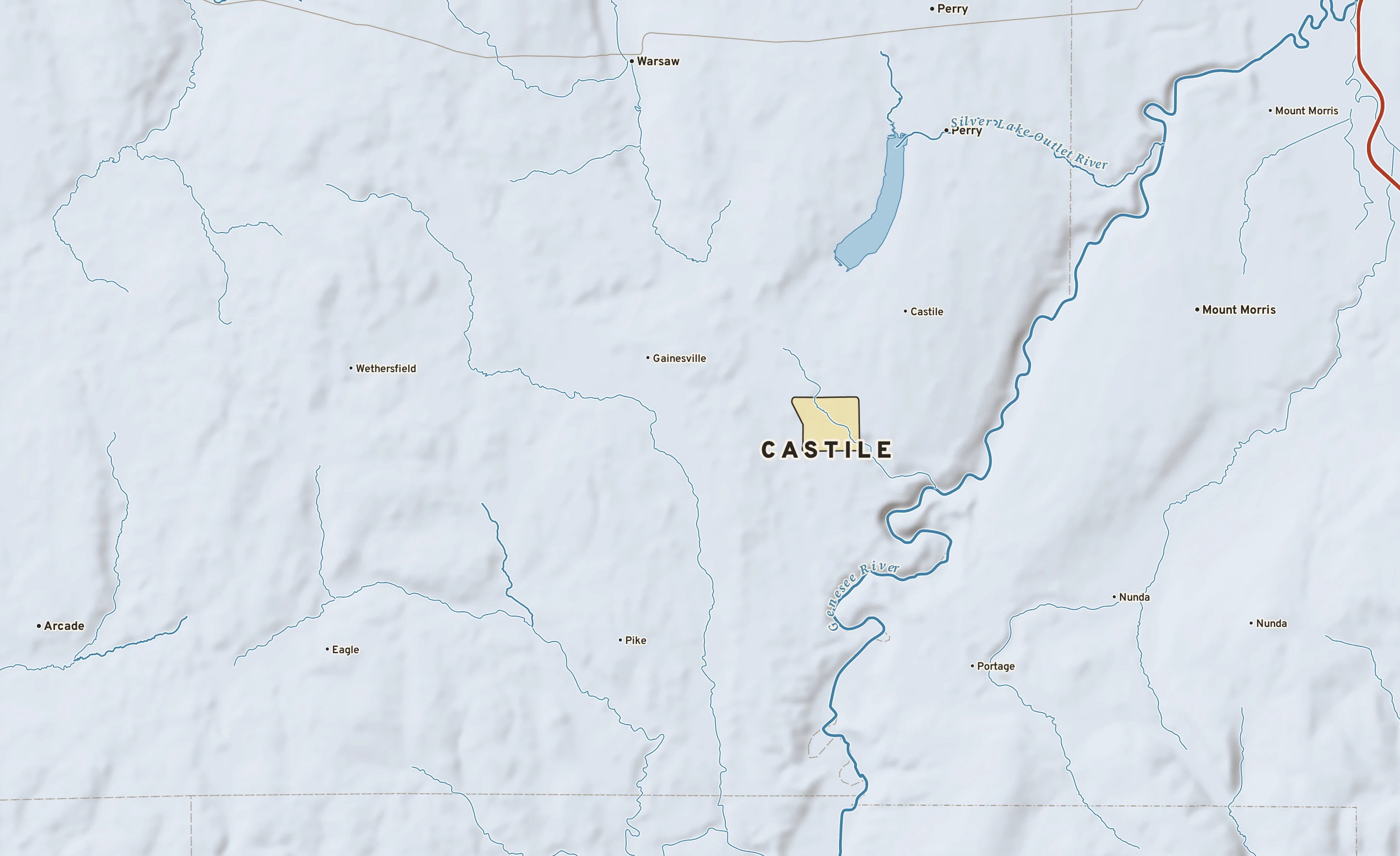 Shaded-relief atlas plate of Castile, New York: rivers, roads, the city limits and where the water drains.