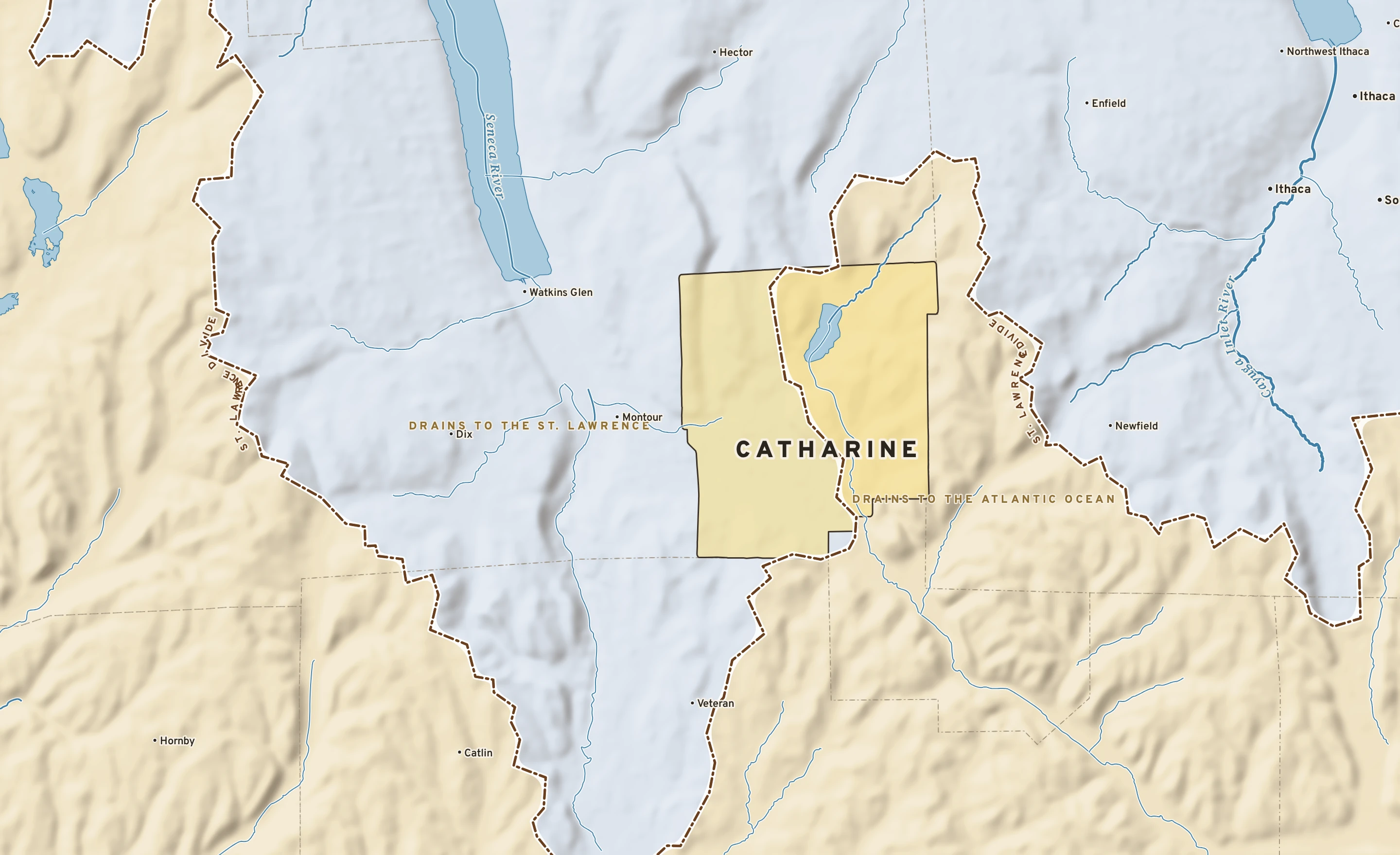 Shaded-relief atlas plate of Catharine, New York: rivers, roads, the city limits and where the water drains.