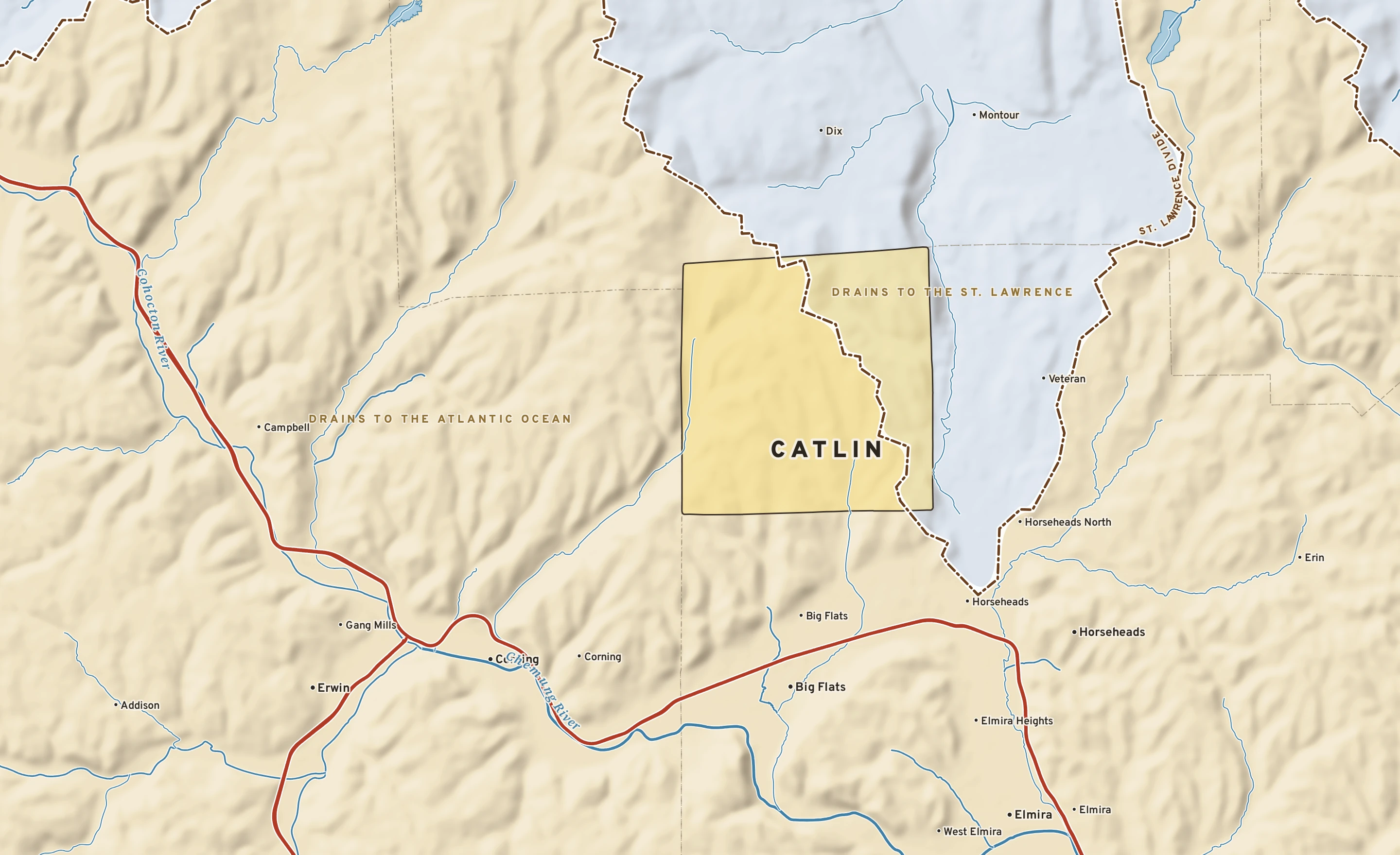 Shaded-relief atlas plate of Catlin, New York: rivers, roads, the city limits and where the water drains.