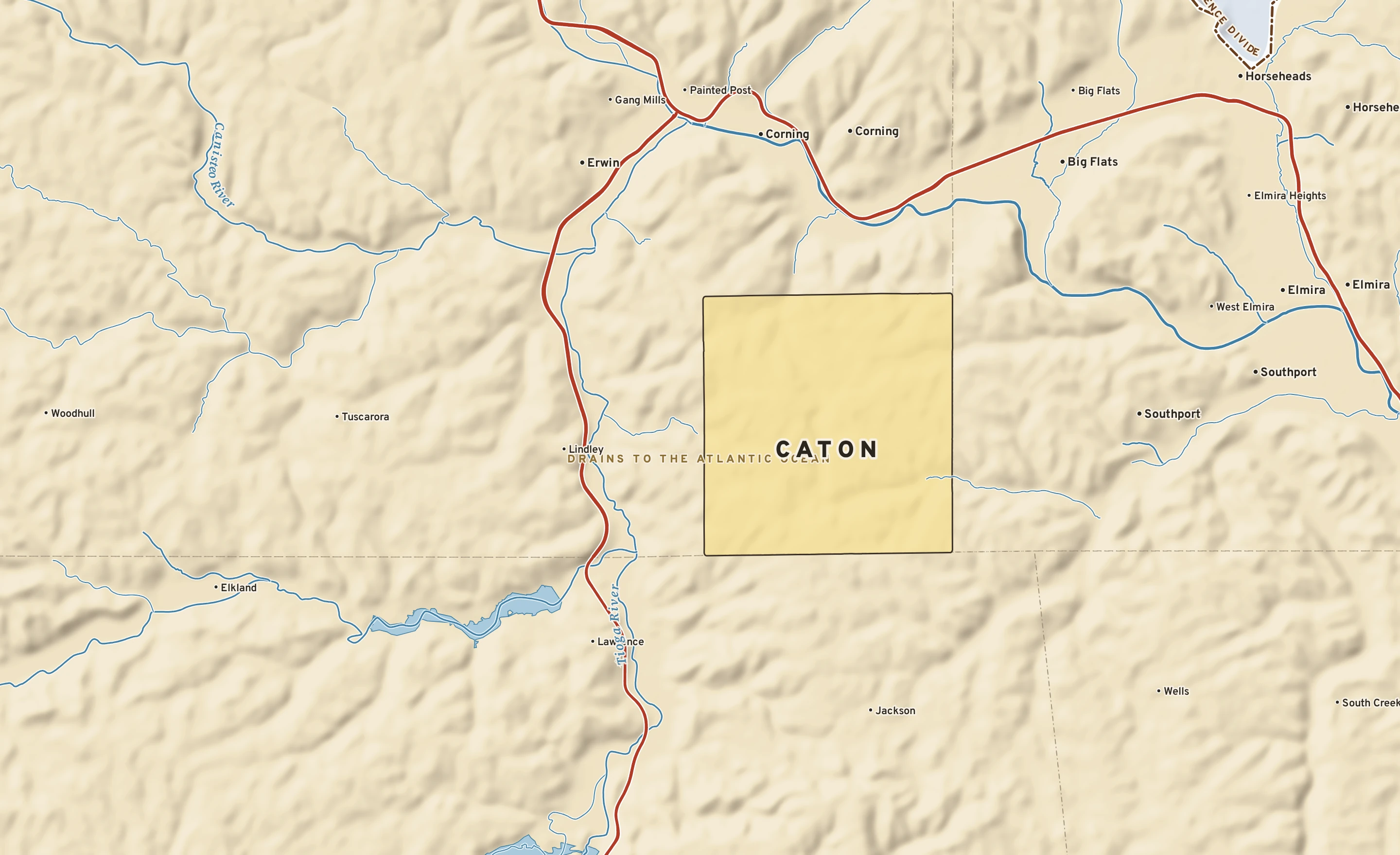 Shaded-relief atlas plate of Caton, New York: rivers, roads, the city limits and where the water drains.