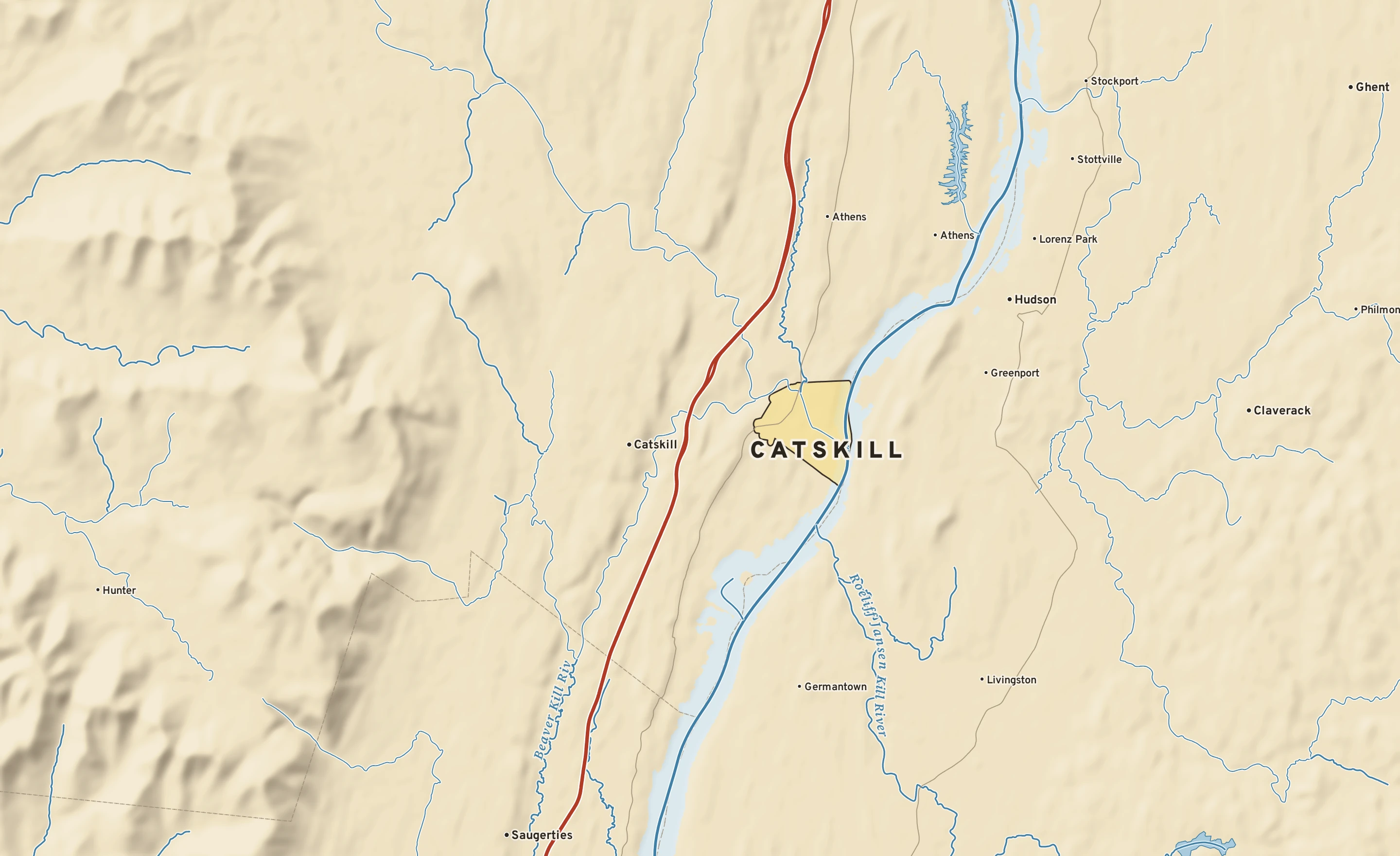 Shaded-relief atlas plate of Catskill, New York: rivers, roads, the city limits and where the water drains.