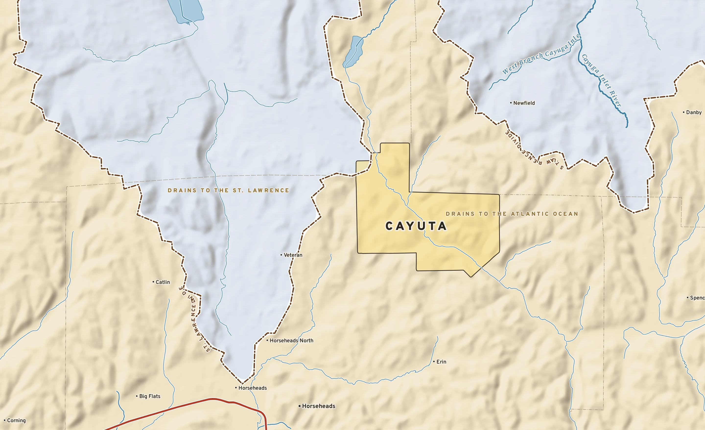 Shaded-relief atlas plate of Cayuta, New York: rivers, roads, the city limits and where the water drains.