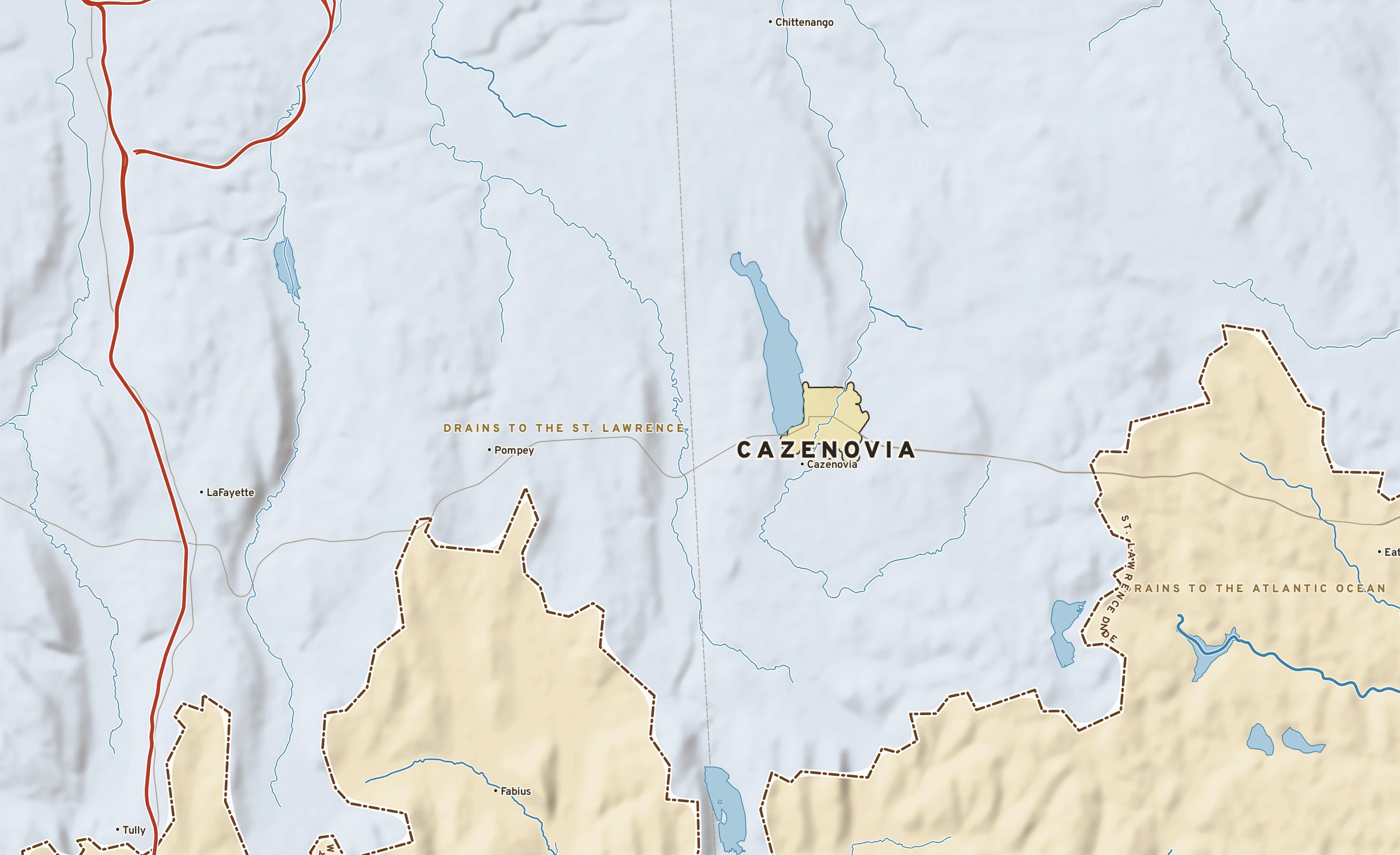 Shaded-relief atlas plate of Cazenovia, New York: rivers, roads, the city limits and where the water drains.