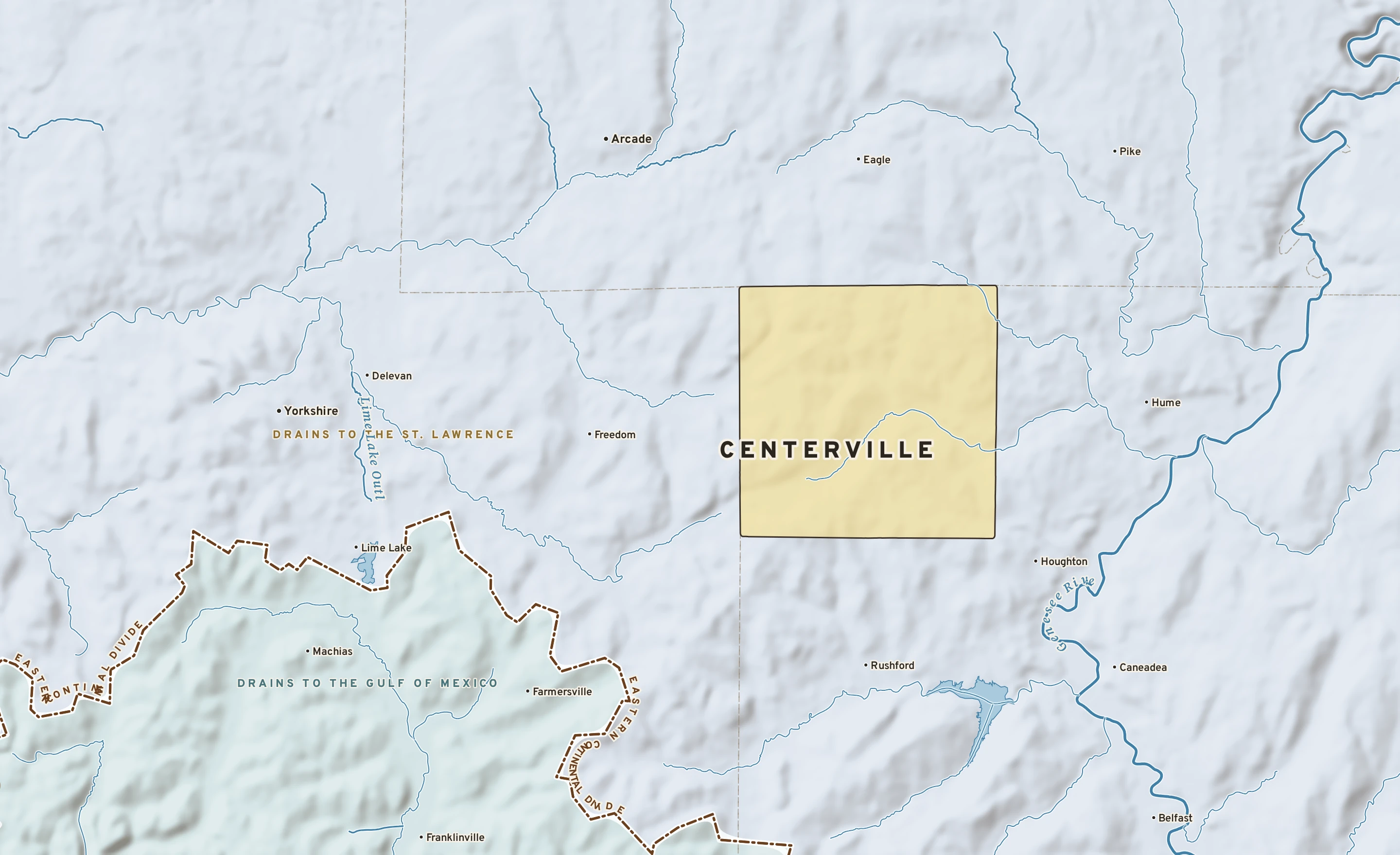 Shaded-relief atlas plate of Centerville, New York: rivers, roads, the city limits and where the water drains.
