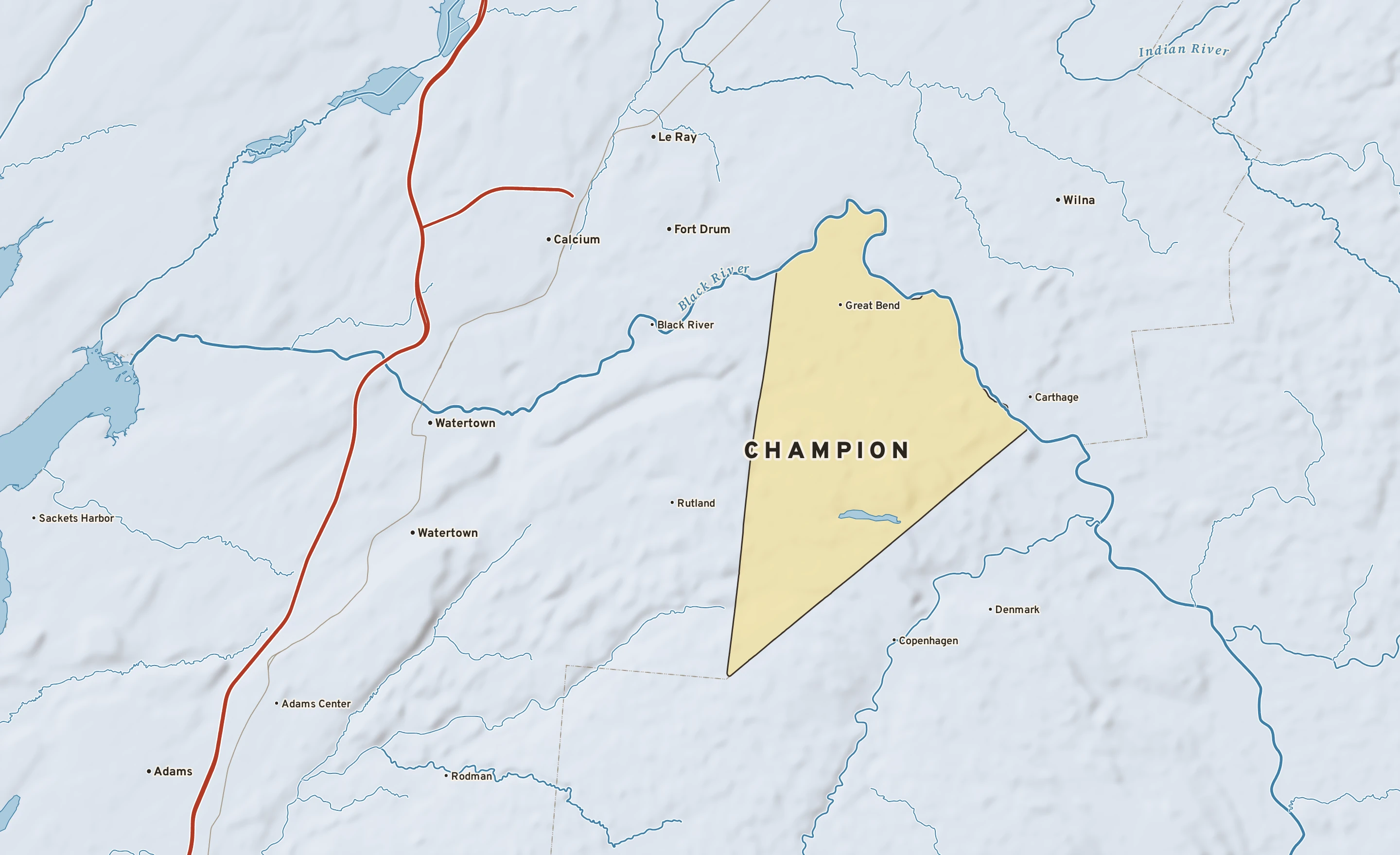Shaded-relief atlas plate of Champion, New York: rivers, roads, the city limits and where the water drains.