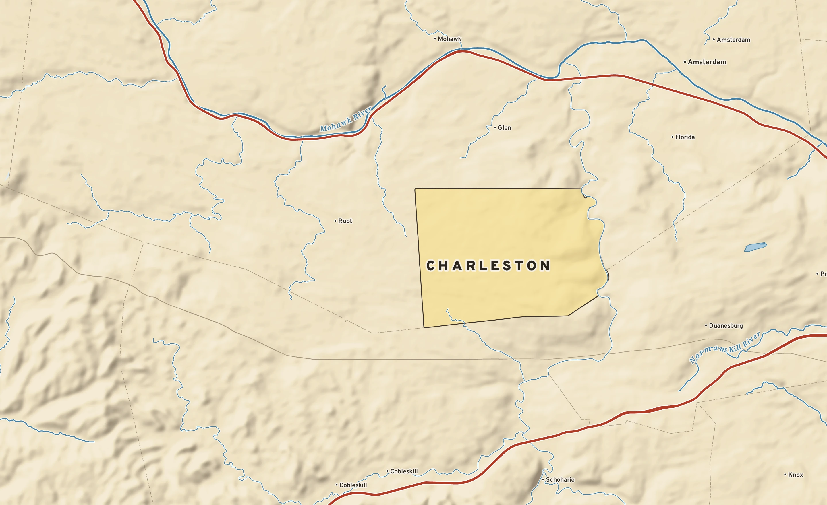 Shaded-relief atlas plate of Charleston, New York: rivers, roads, the city limits and where the water drains.