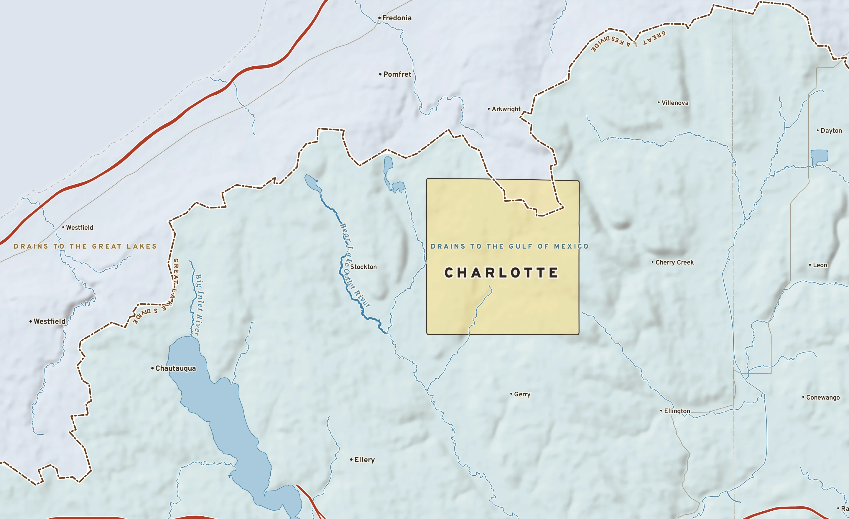 Shaded-relief atlas plate of Charlotte, New York: rivers, roads, the city limits and where the water drains.