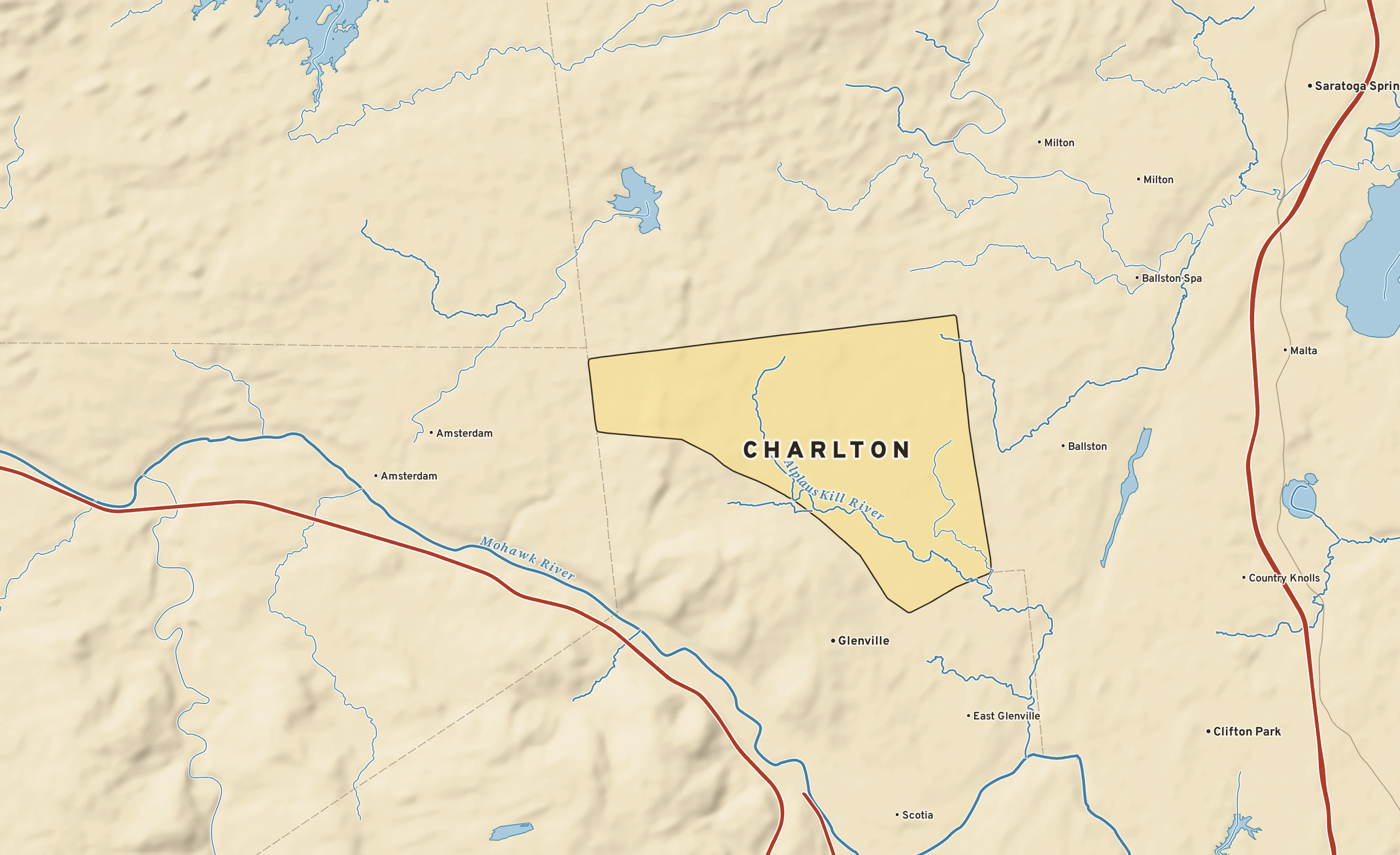 Shaded-relief atlas plate of Charlton, New York: rivers, roads, the city limits and where the water drains.