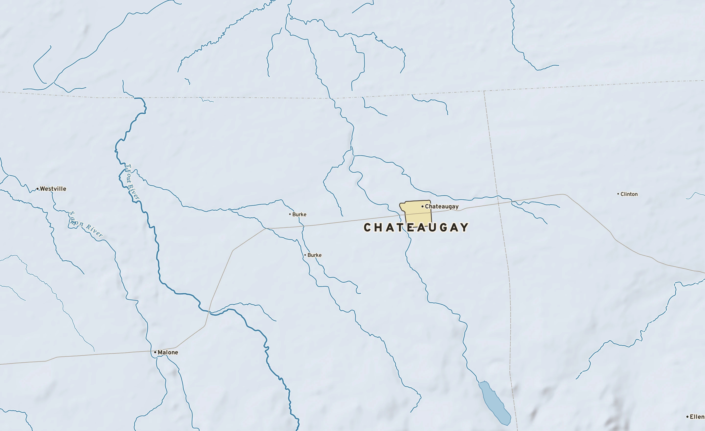 Shaded-relief atlas plate of Chateaugay, New York: rivers, roads, the city limits and where the water drains.