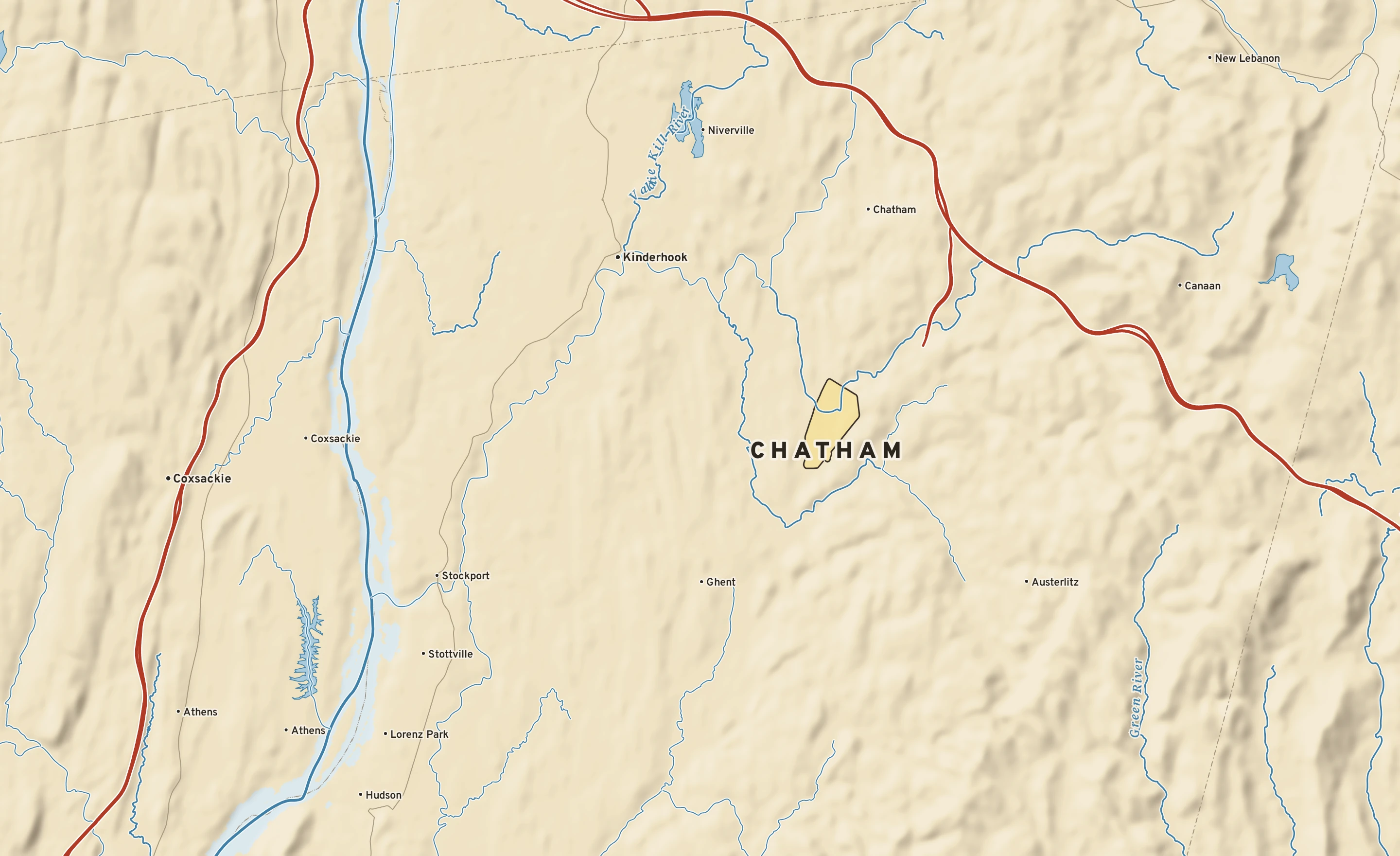 Shaded-relief atlas plate of Chatham, New York: rivers, roads, the city limits and where the water drains.
