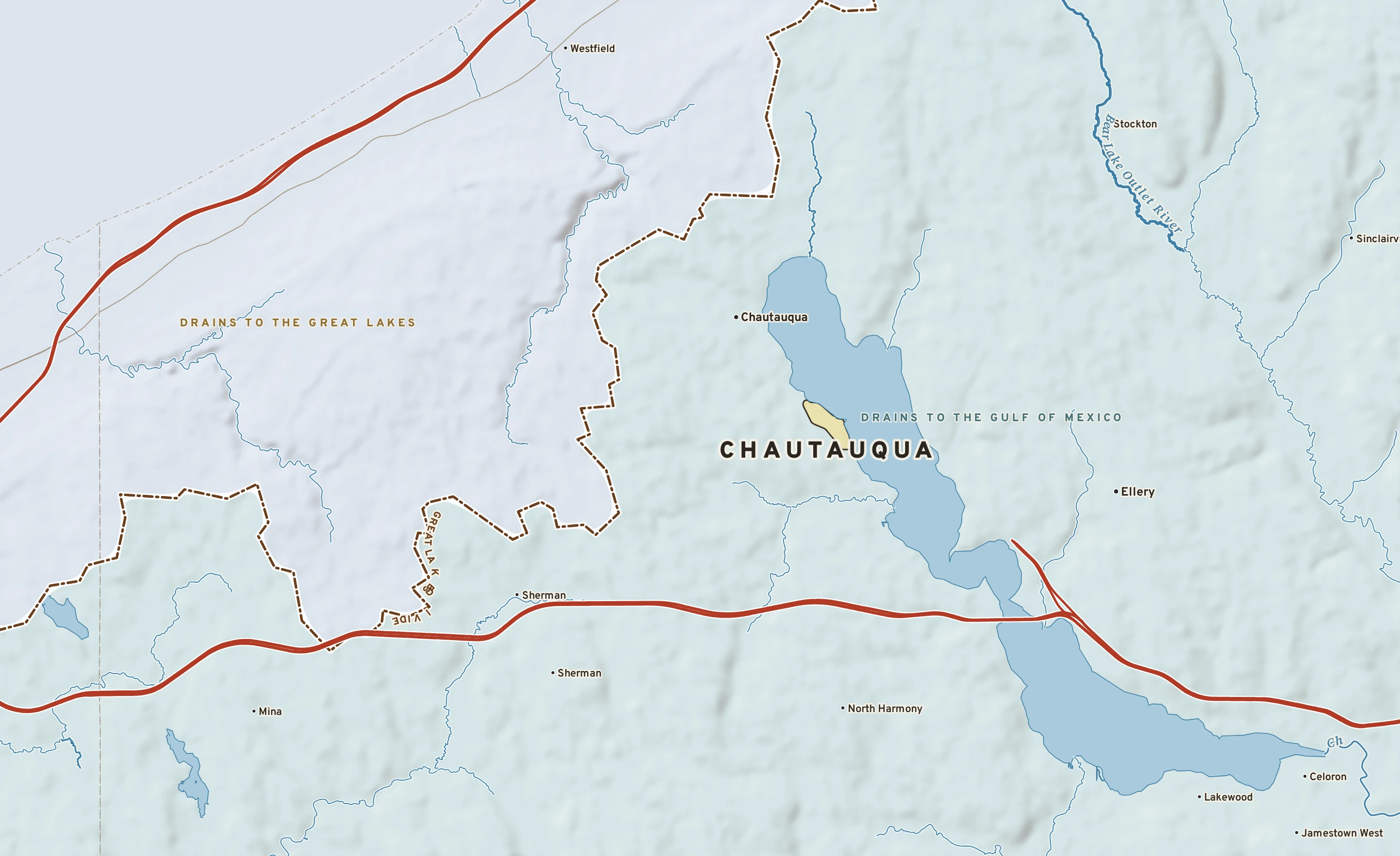 Shaded-relief atlas plate of Chautauqua, New York: rivers, roads, the city limits and where the water drains.
