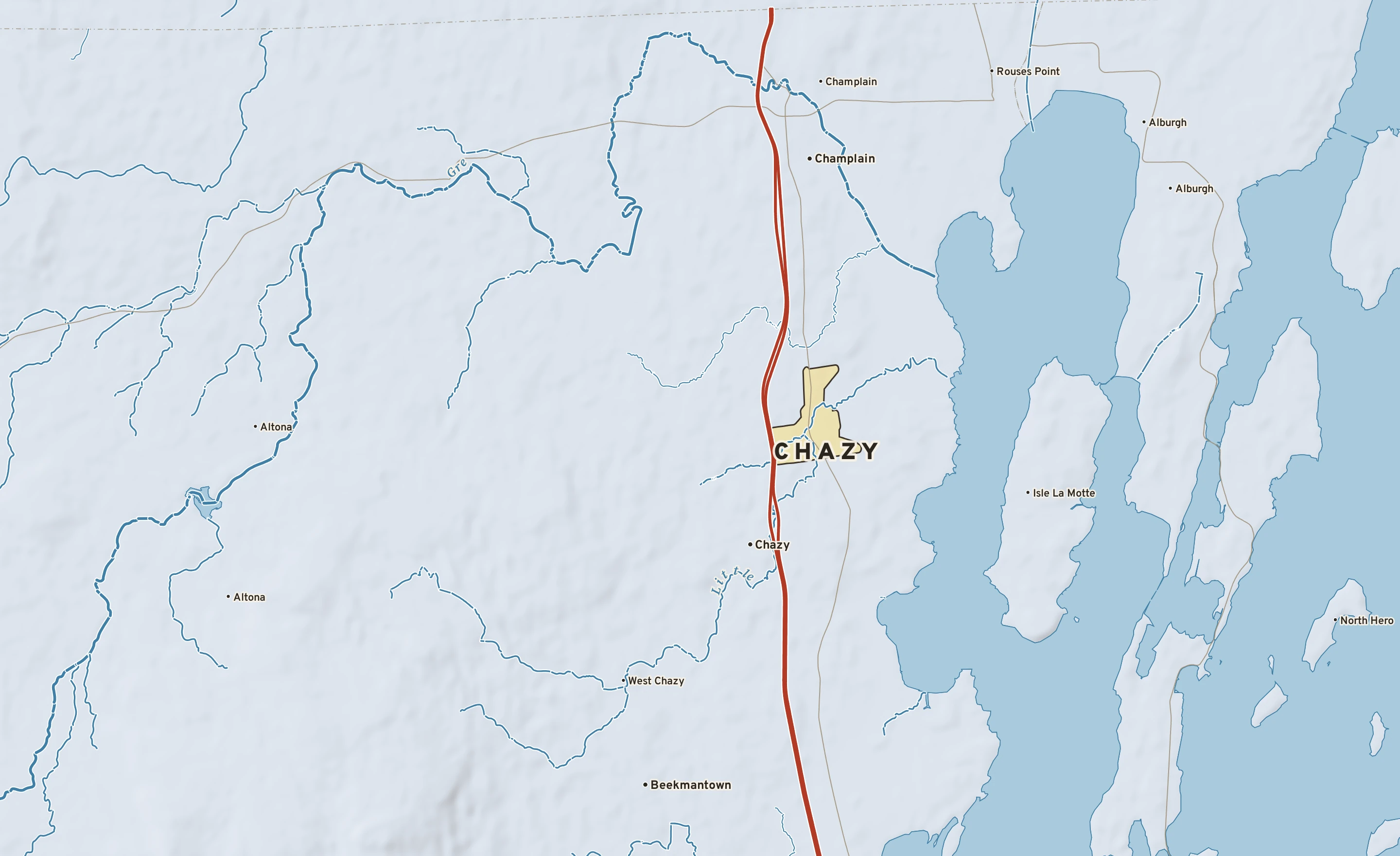 Shaded-relief atlas plate of Chazy, New York: rivers, roads, the city limits and where the water drains.