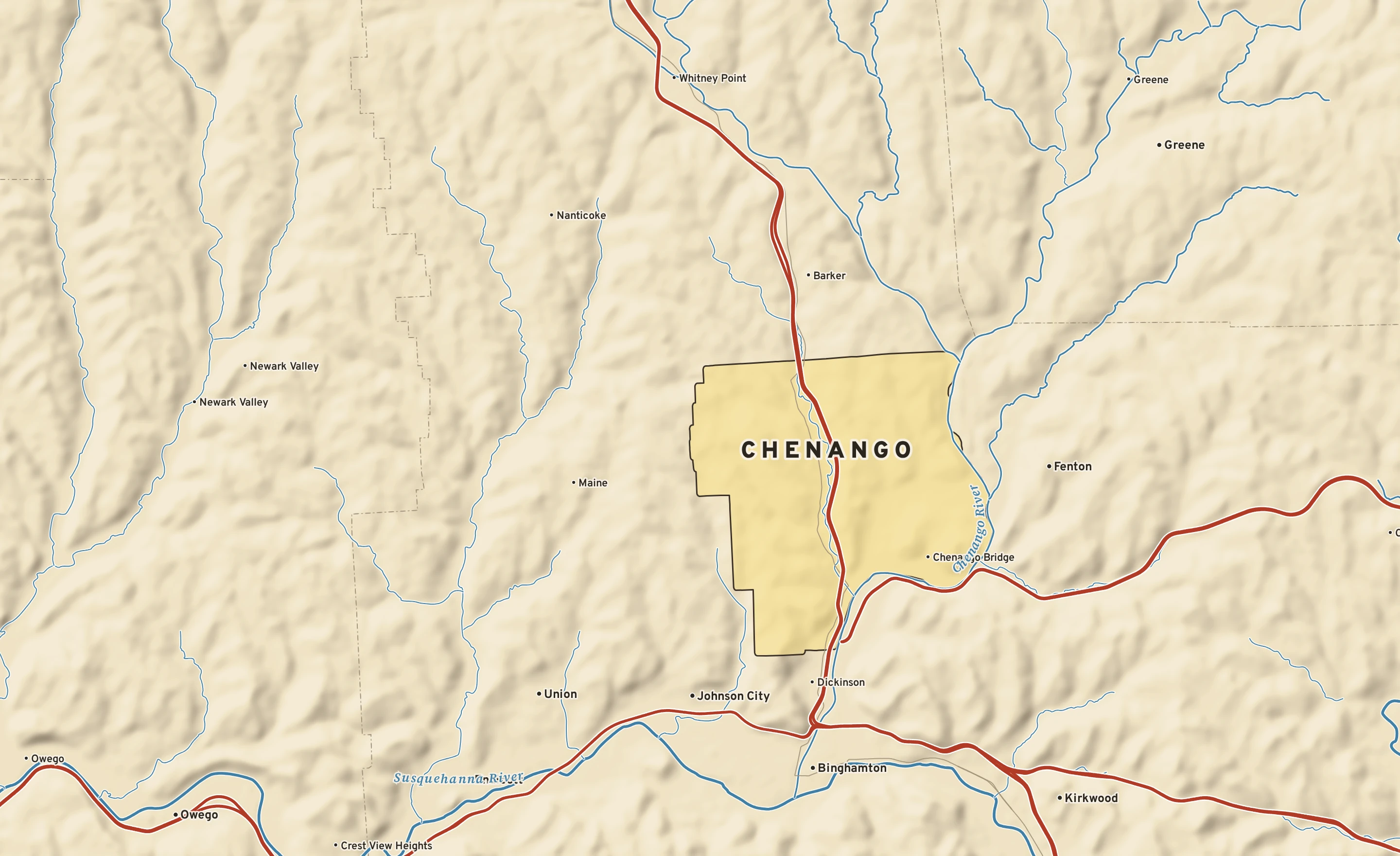 Shaded-relief atlas plate of Chenango, New York: rivers, roads, the city limits and where the water drains.