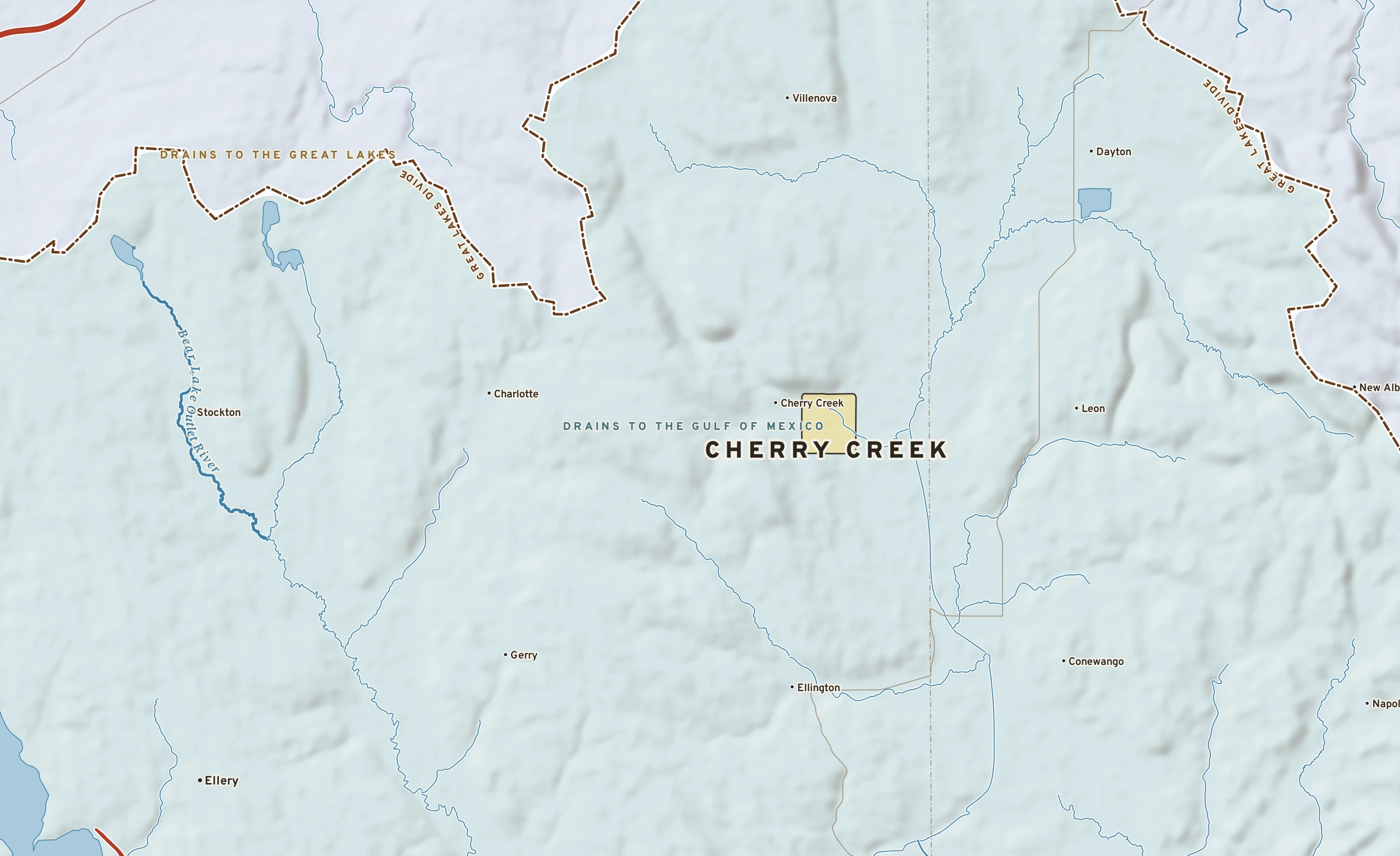 Shaded-relief atlas plate of Cherry Creek, New York: rivers, roads, the city limits and where the water drains.