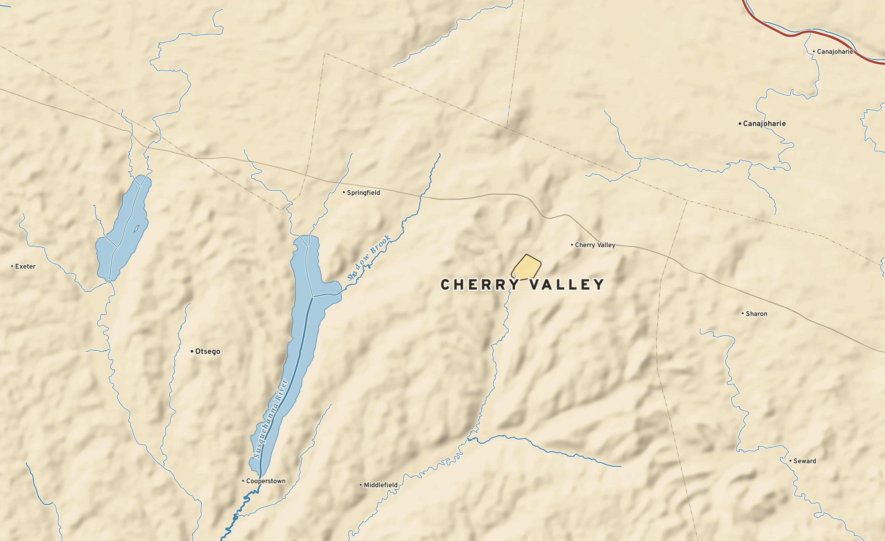 Shaded-relief atlas plate of Cherry Valley, New York: rivers, roads, the city limits and where the water drains.