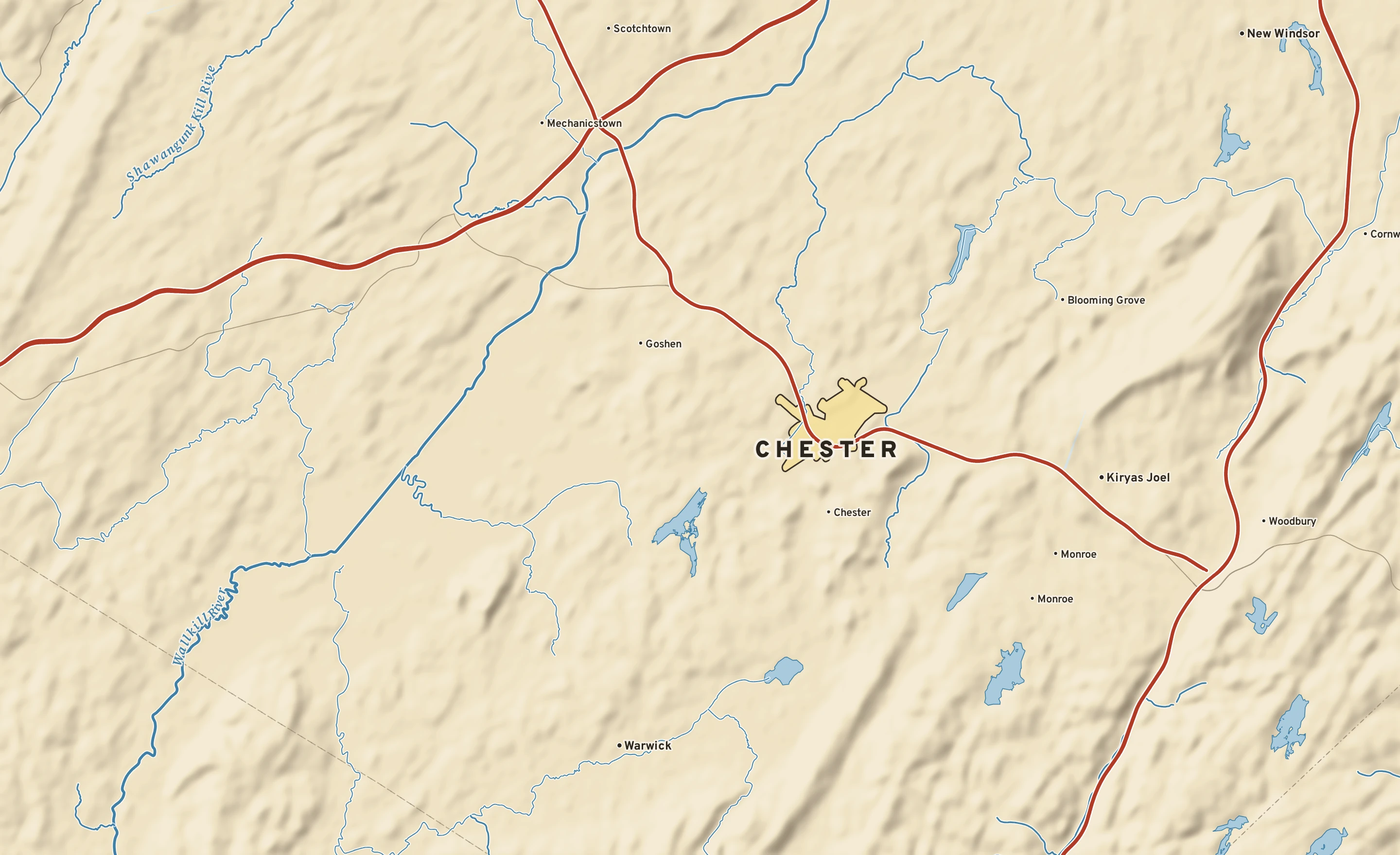 Shaded-relief atlas plate of Chester, New York: rivers, roads, the city limits and where the water drains.