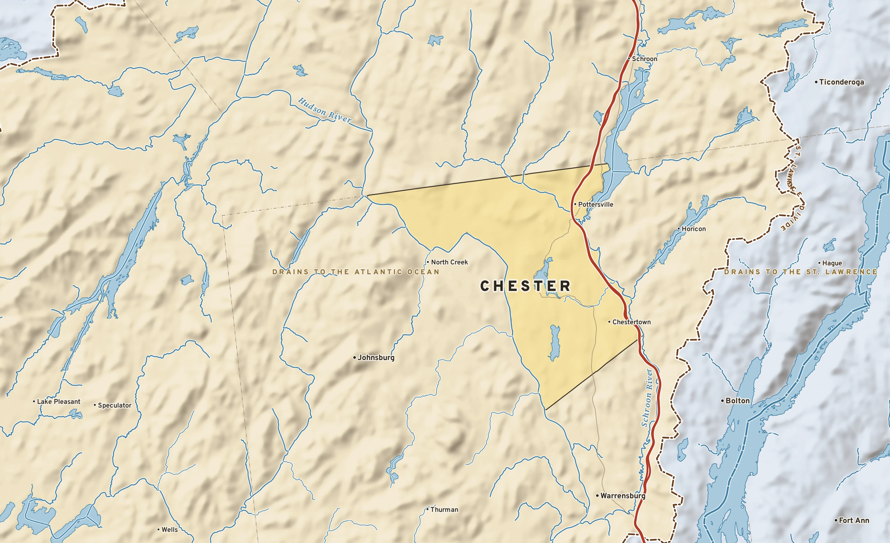 Shaded-relief atlas plate of Chester, New York: rivers, roads, the city limits and where the water drains.