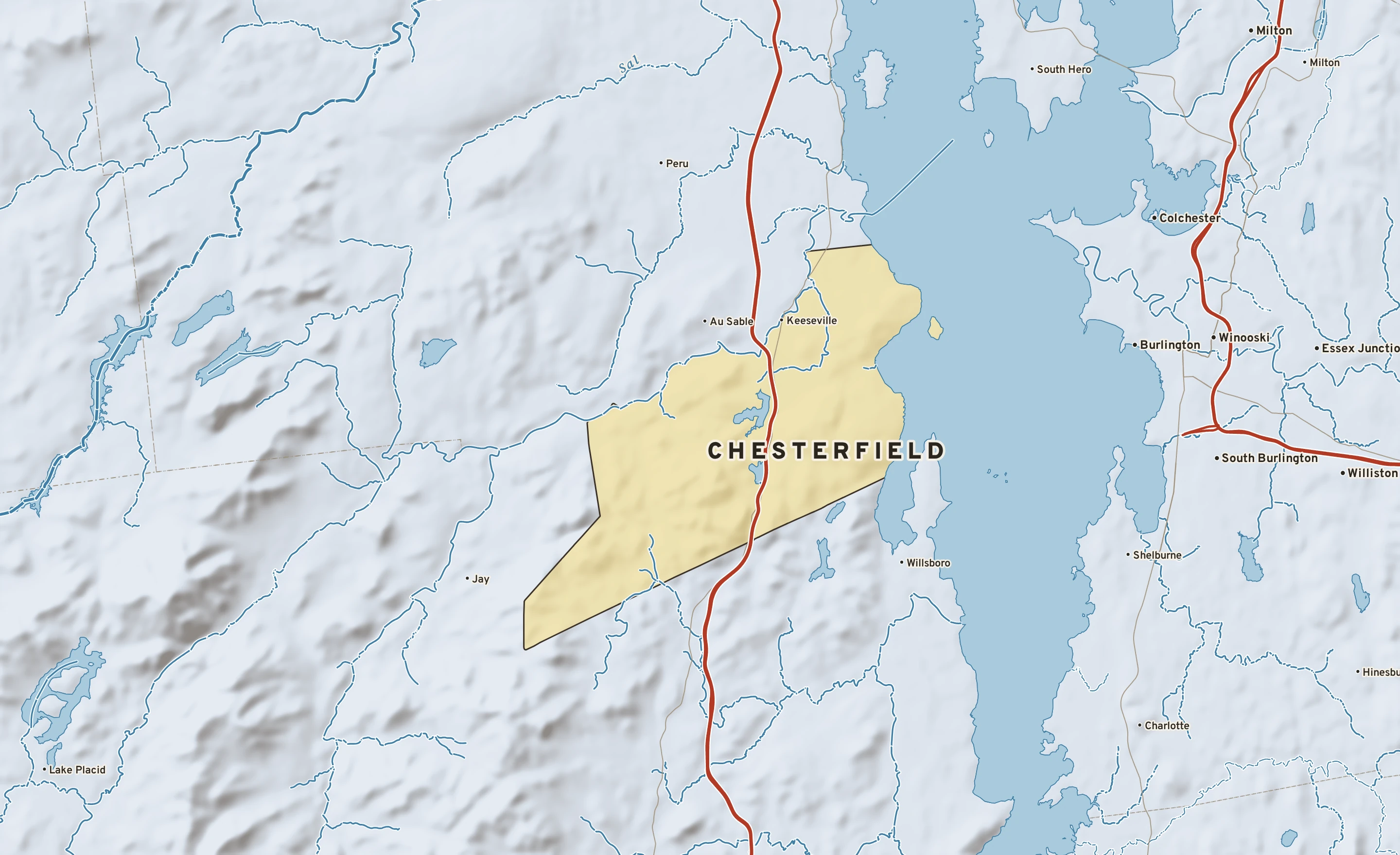 Shaded-relief atlas plate of Chesterfield, New York: rivers, roads, the city limits and where the water drains.