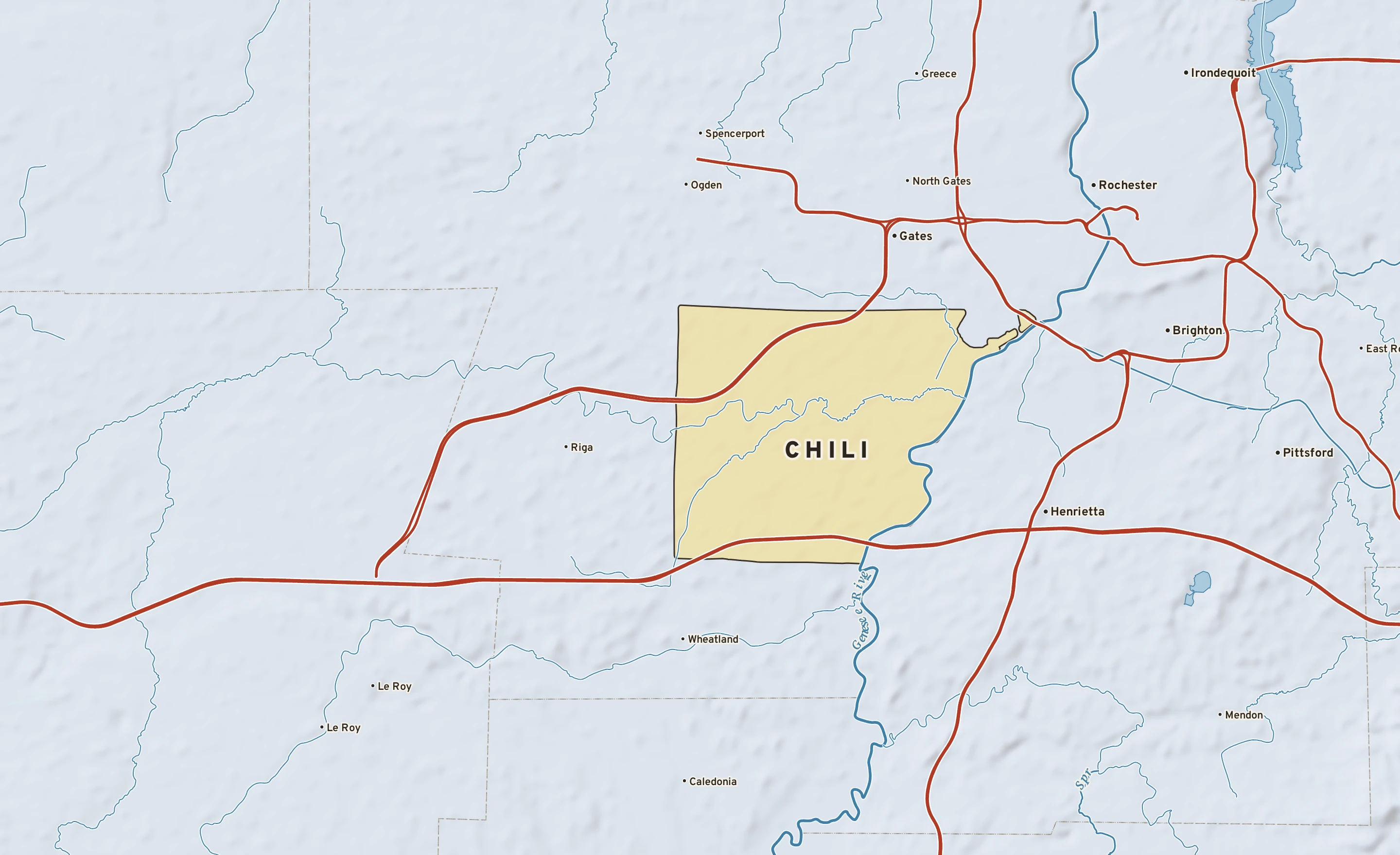 Shaded-relief atlas plate of Chili, New York: rivers, roads, the city limits and where the water drains.