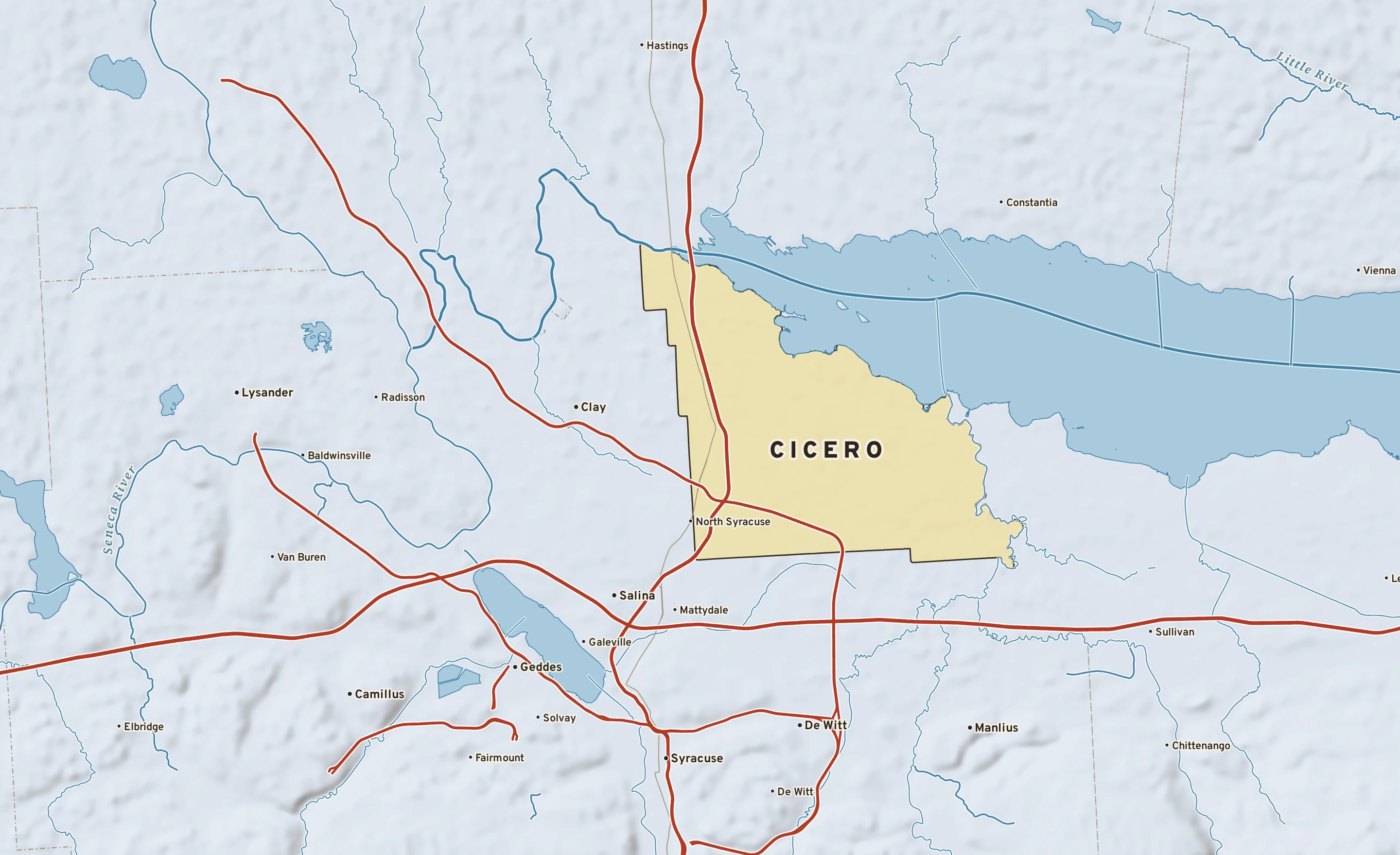 Shaded-relief atlas plate of Cicero, New York: rivers, roads, the city limits and where the water drains.
