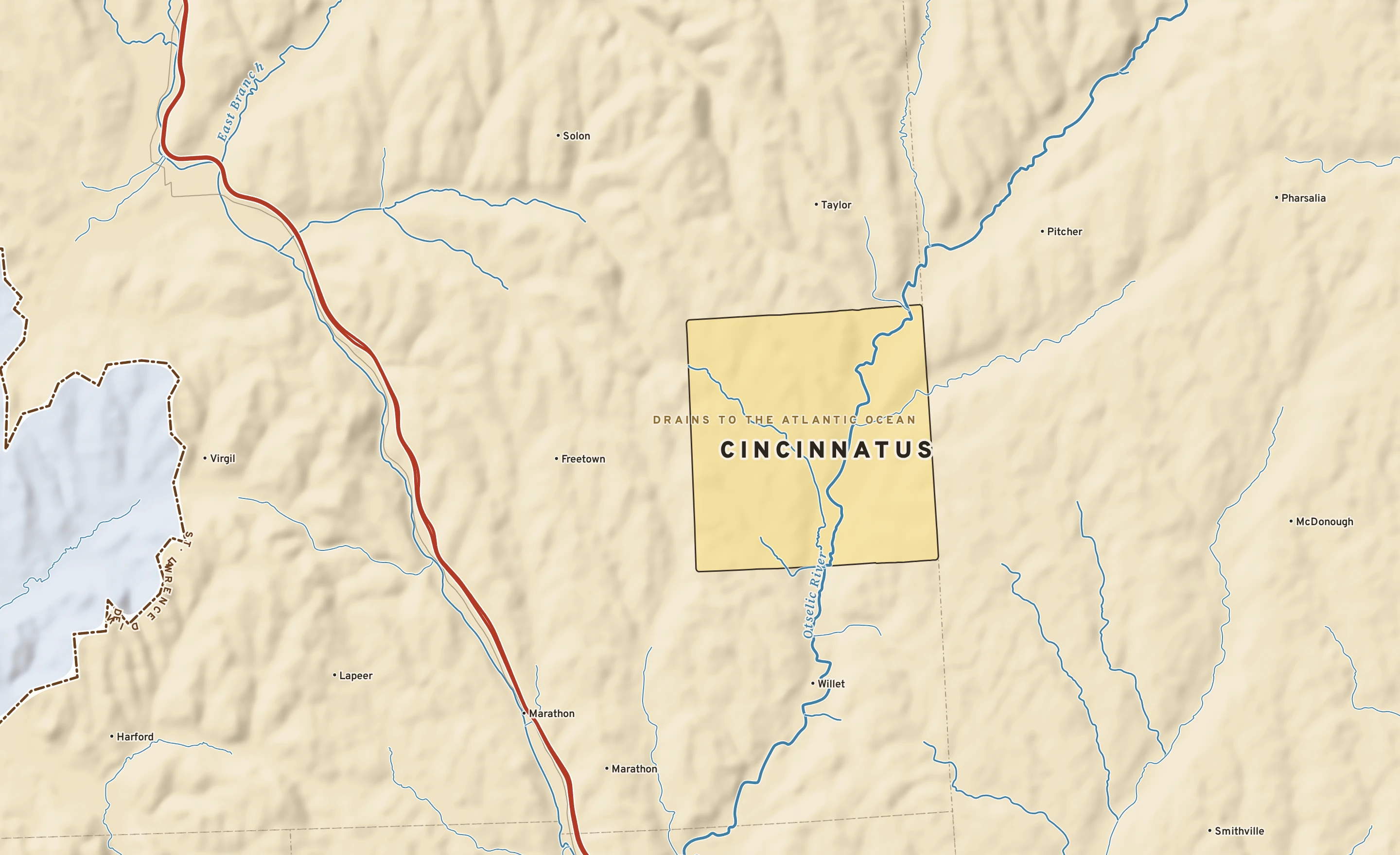Shaded-relief atlas plate of Cincinnatus, New York: rivers, roads, the city limits and where the water drains.