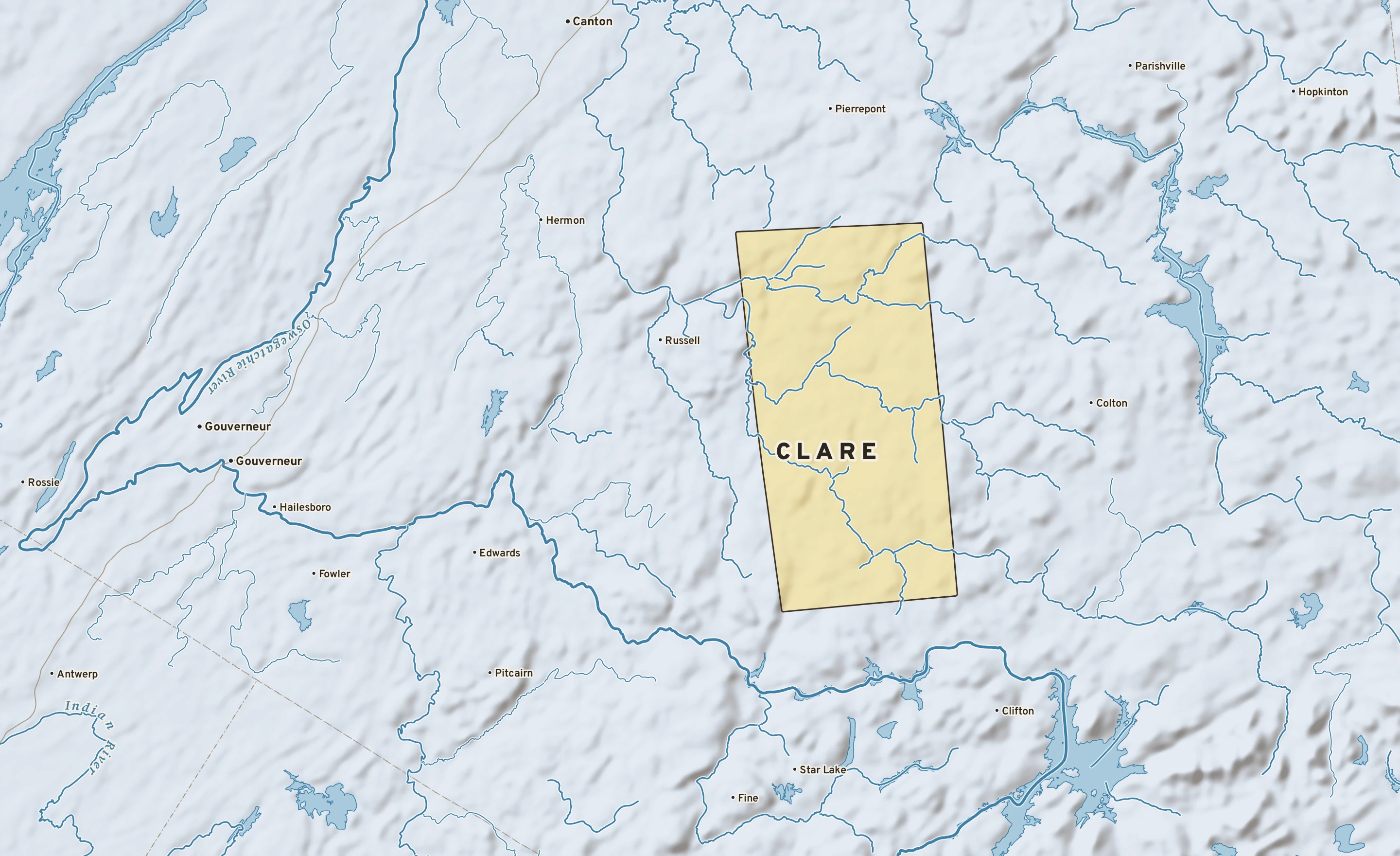 Shaded-relief atlas plate of Clare, New York: rivers, roads, the city limits and where the water drains.