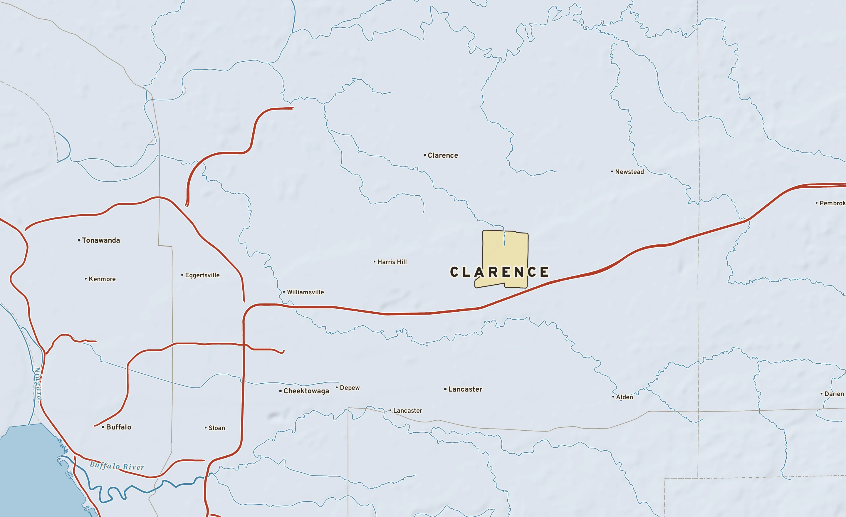 Shaded-relief atlas plate of Clarence, New York: rivers, roads, the city limits and where the water drains.