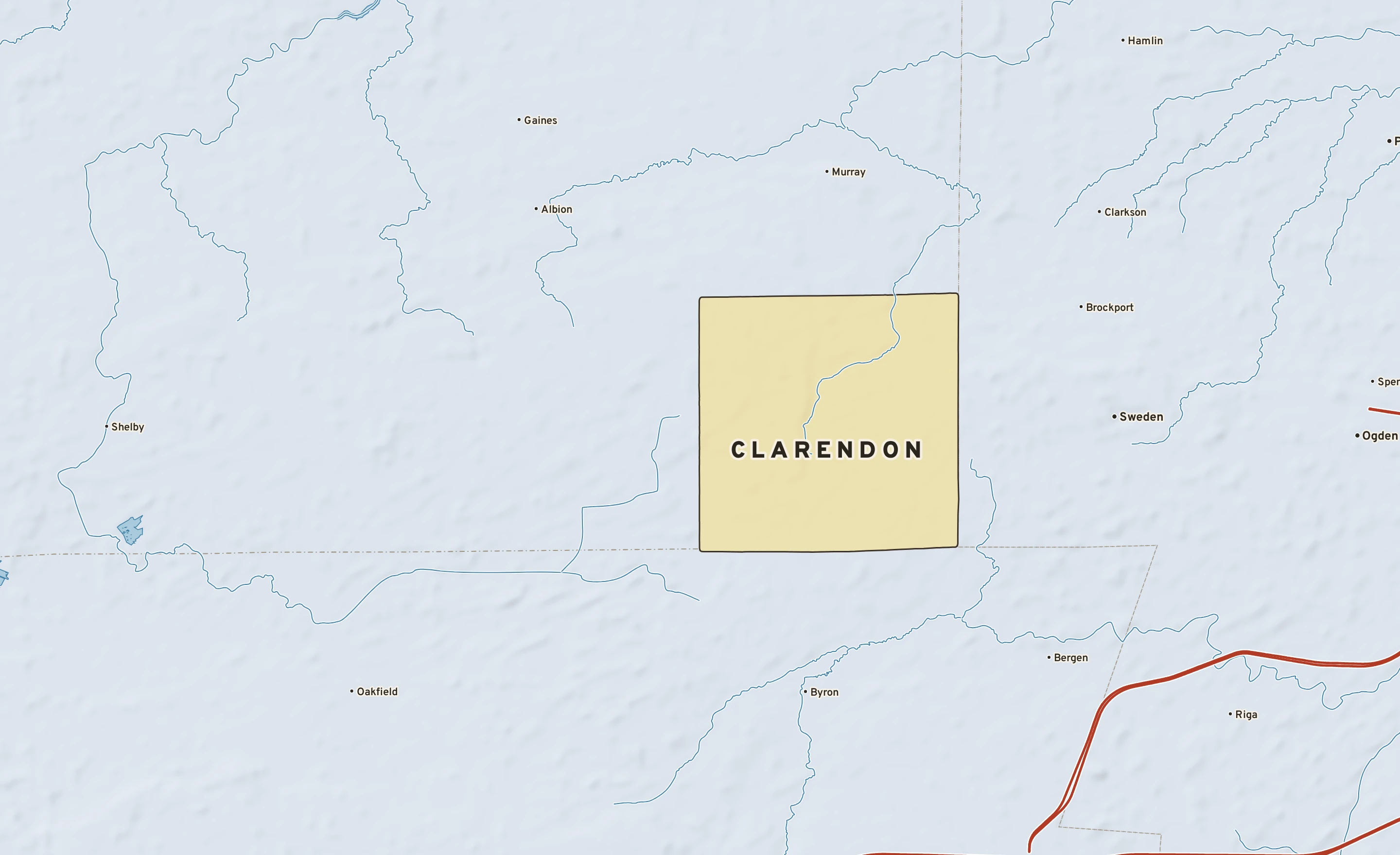 Shaded-relief atlas plate of Clarendon, New York: rivers, roads, the city limits and where the water drains.