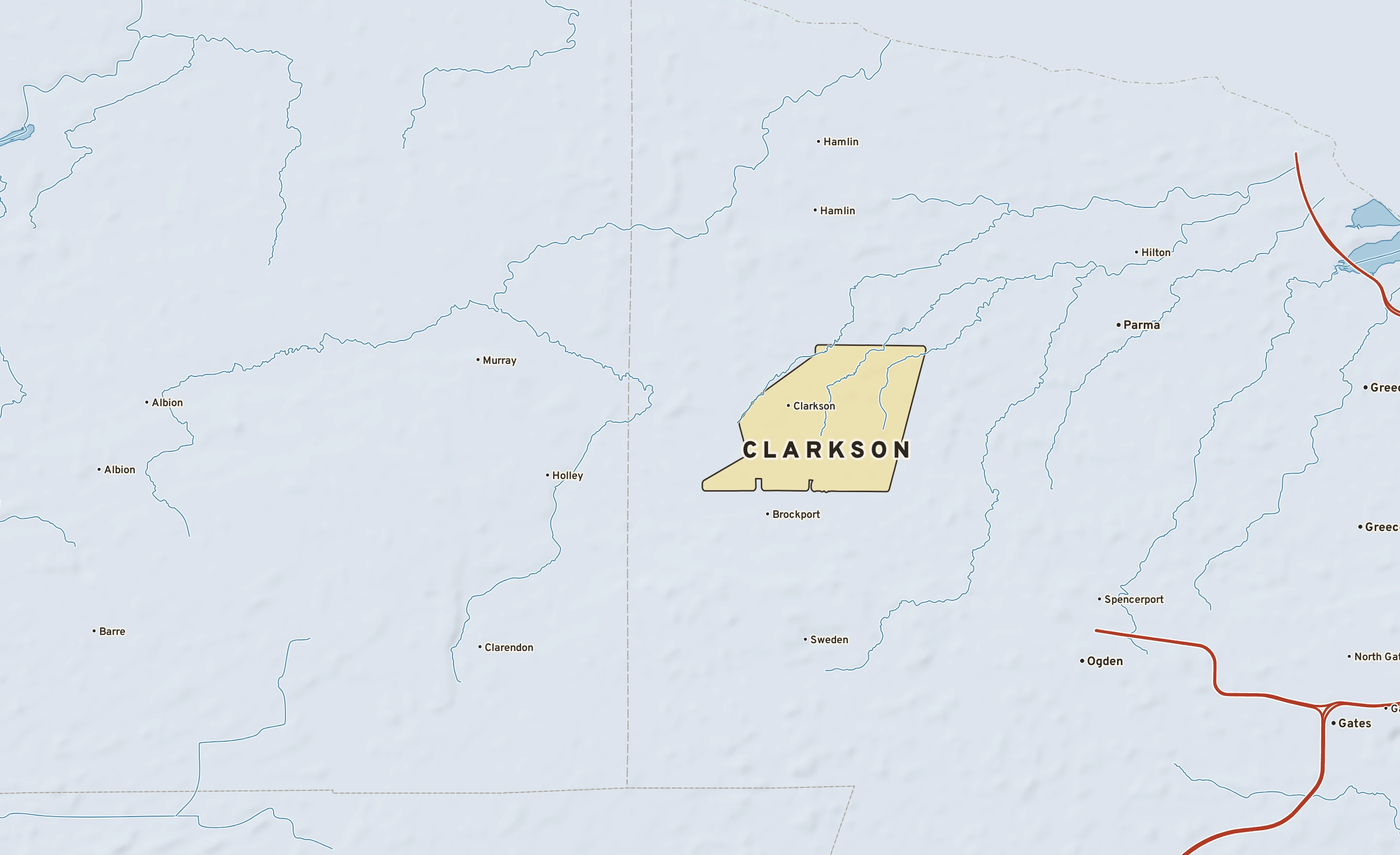 Shaded-relief atlas plate of Clarkson, New York: rivers, roads, the city limits and where the water drains.