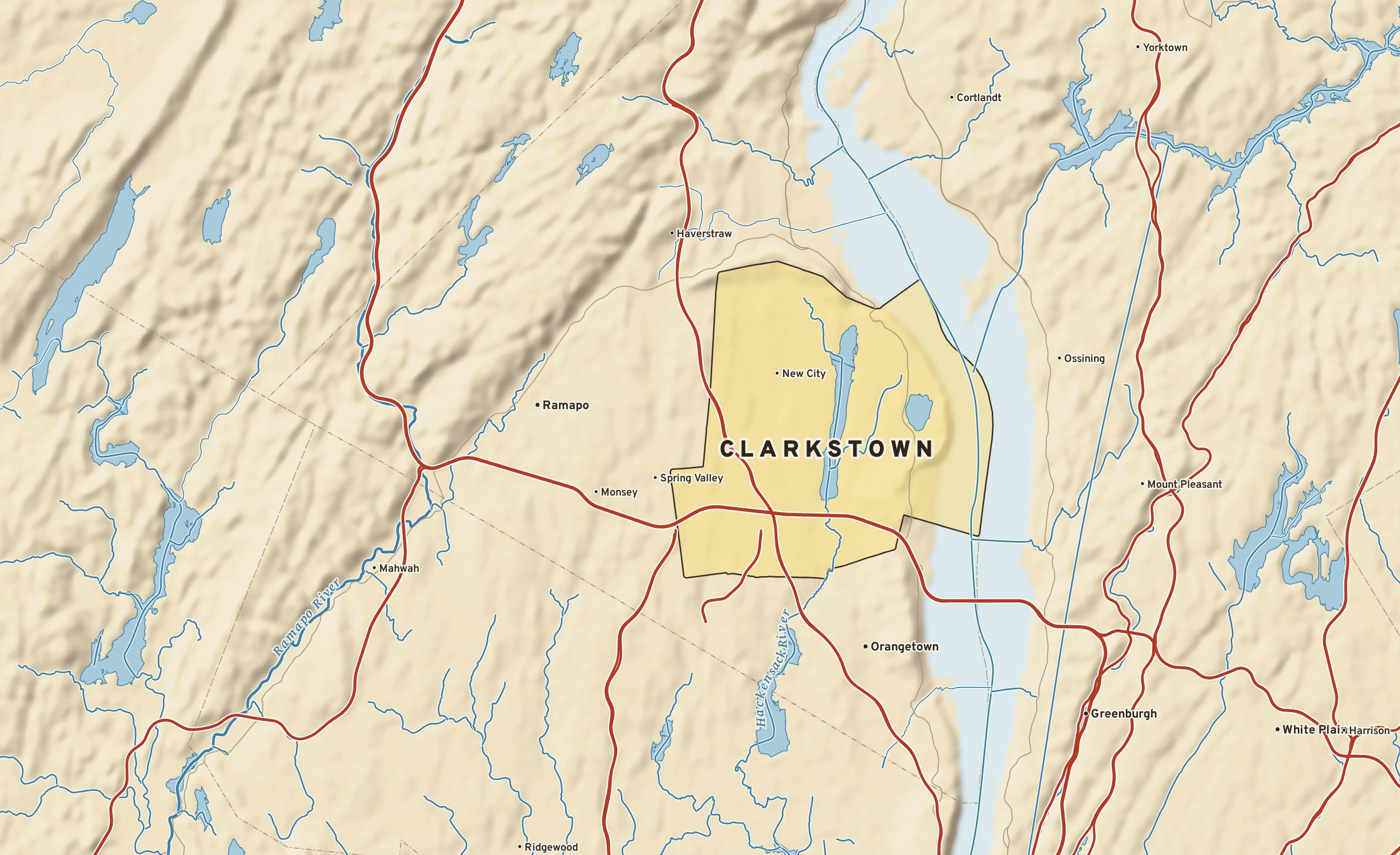 Shaded-relief atlas plate of Clarkstown, New York: rivers, roads, the city limits and where the water drains.