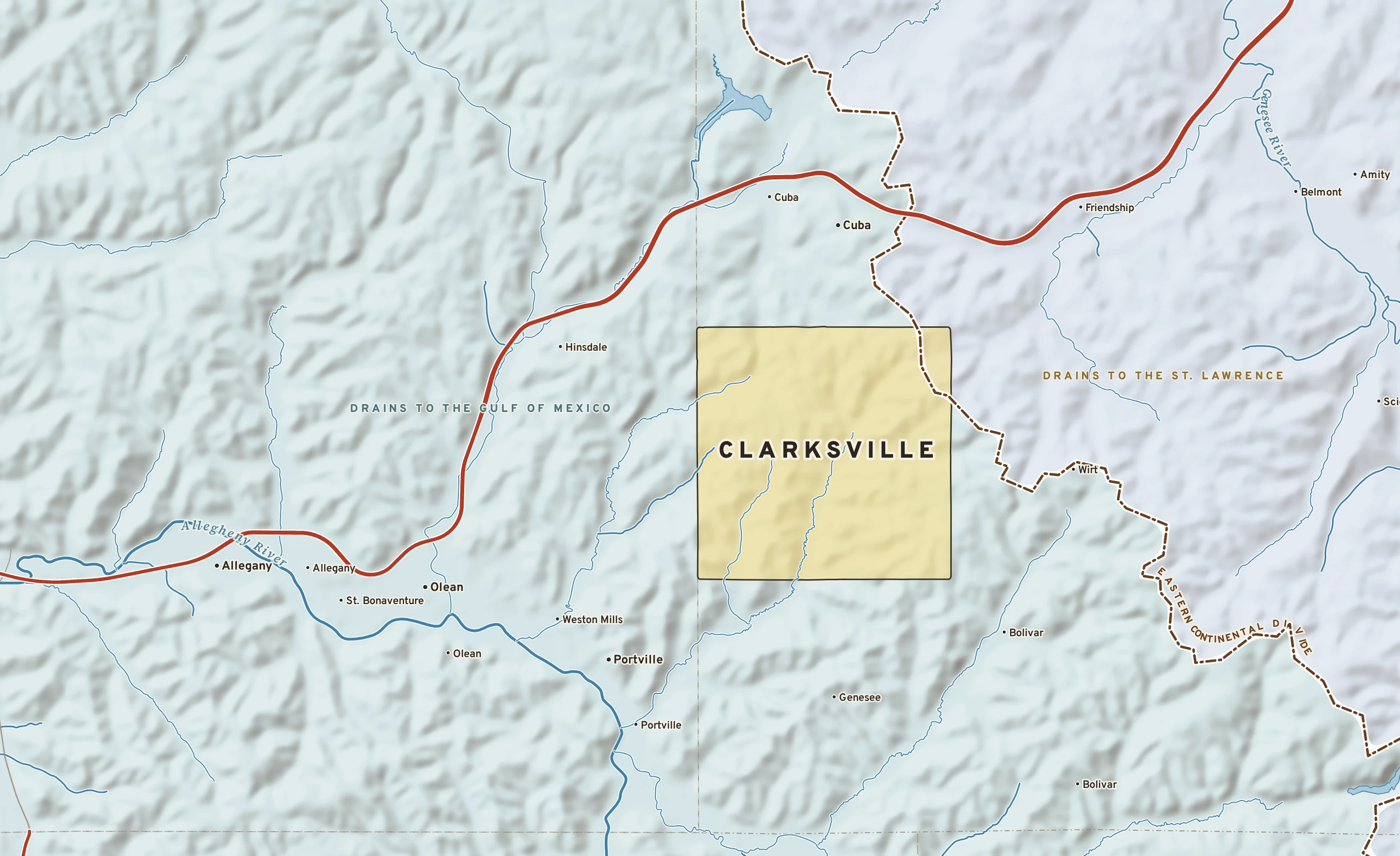 Shaded-relief atlas plate of Clarksville, New York: rivers, roads, the city limits and where the water drains.